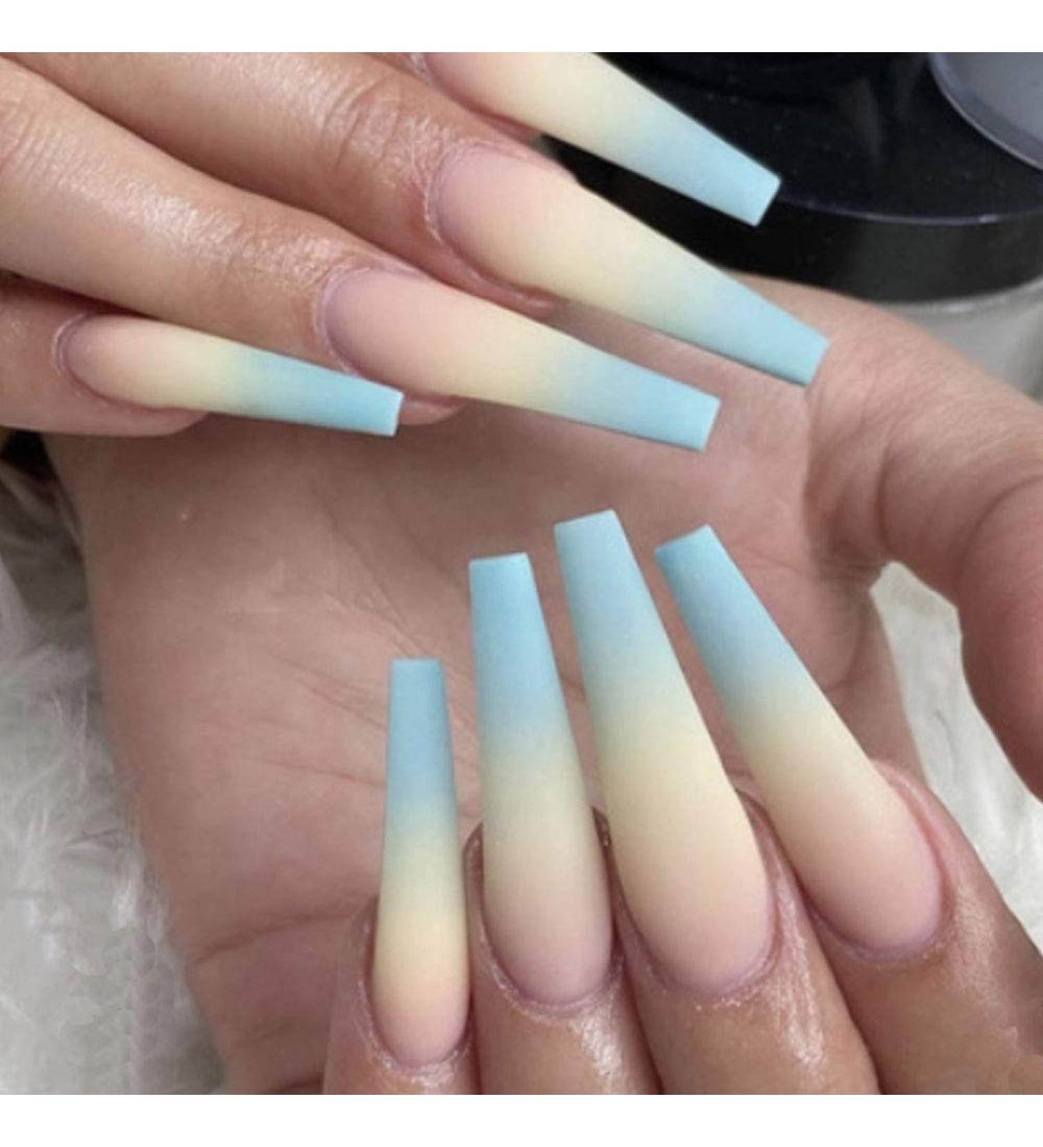 Poliphili 24Pcs Super Long Gradient Press on Fake Nails | Extra Long Coffin Art Manicure | Yellow Blue False Nails Tips - Buy Online on GoSupps.com