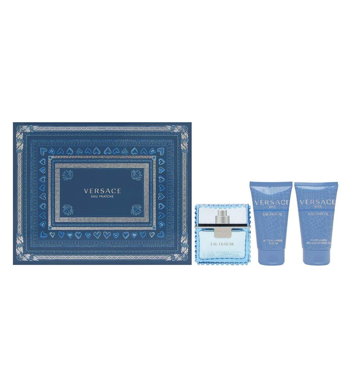 Versace Man Eau Fraiche by Versace for Men 3 Piece Set Includes: 1.7 oz Eau de Toilette Spray + 1.7 oz Perfumed Bath & Shower Gel + 1.7 oz After Shave Balm