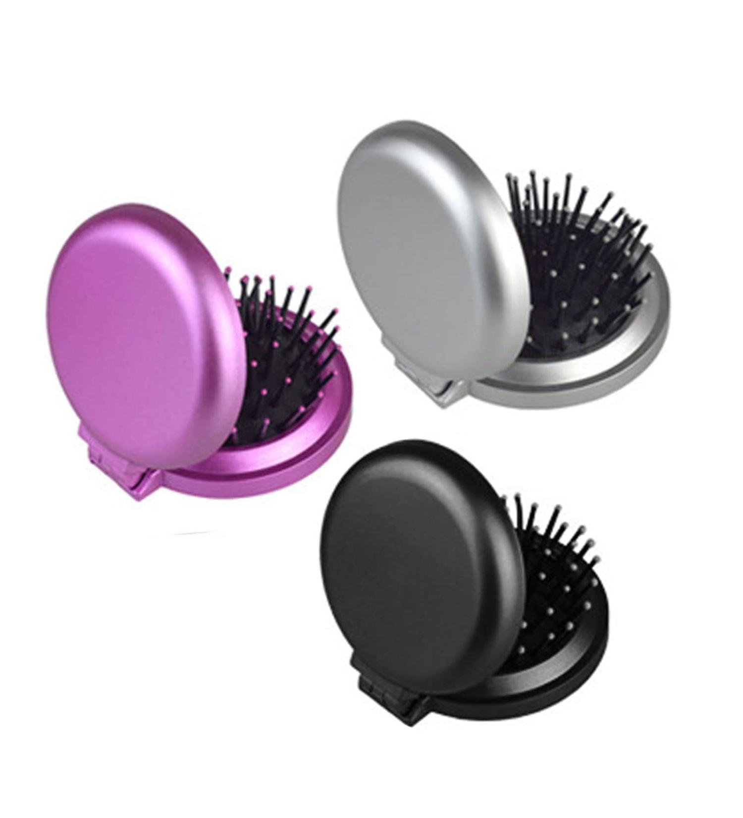 Mini Hairbrush Set - 3 Foldable Brushes with Mirror | Travel Hairbrush & Round Massage Comb (Black Silver Purple) - Perfect for Handbags - Buy Online on GoSupps.com