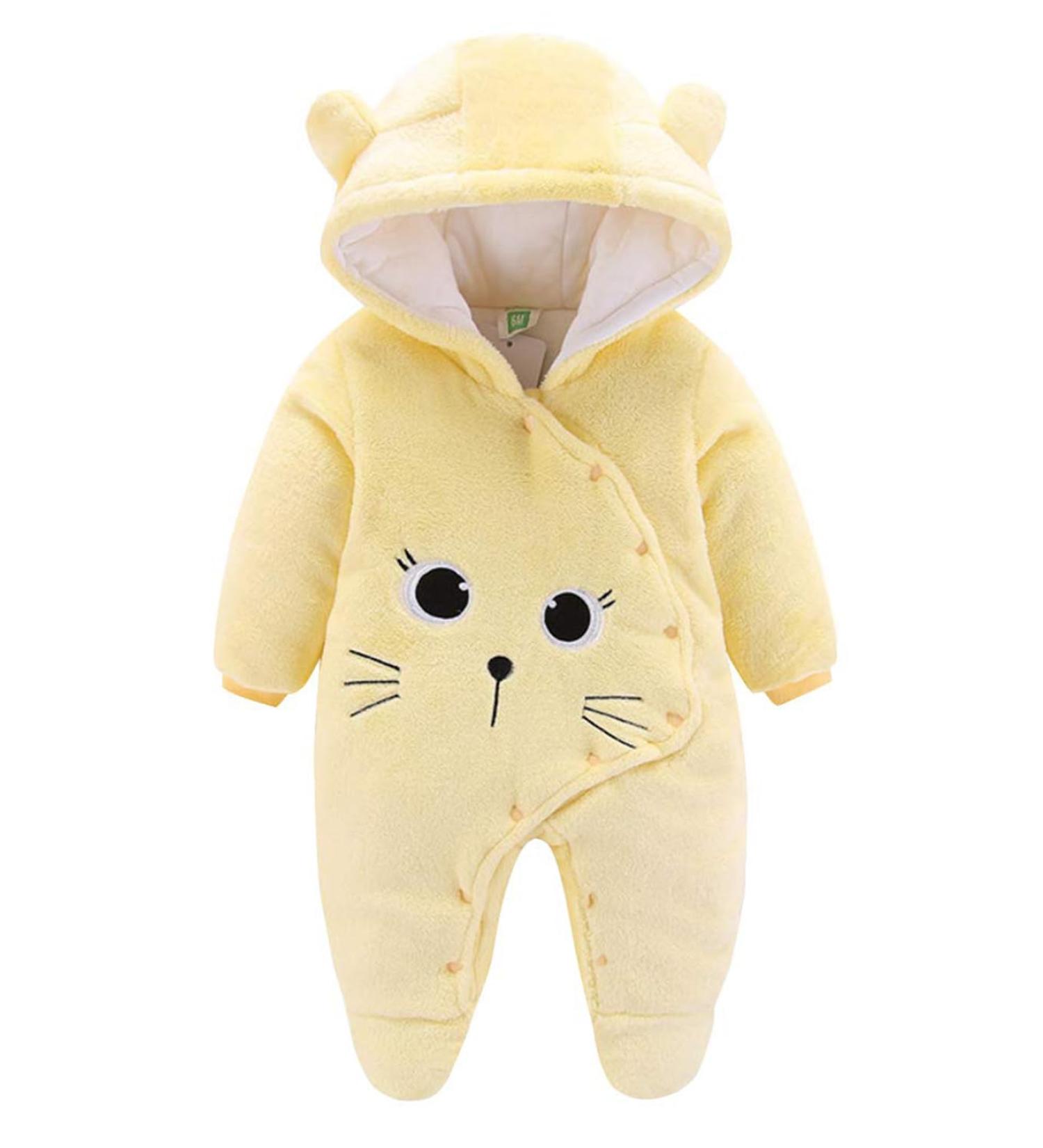 JiAmy Newborn Baby Winter Hooded Romper Fleece Snowsuit Jumpsuit - Cartoon Cat Outfit | 9-12 Months Yellow - Buy Online on GoSupps.com