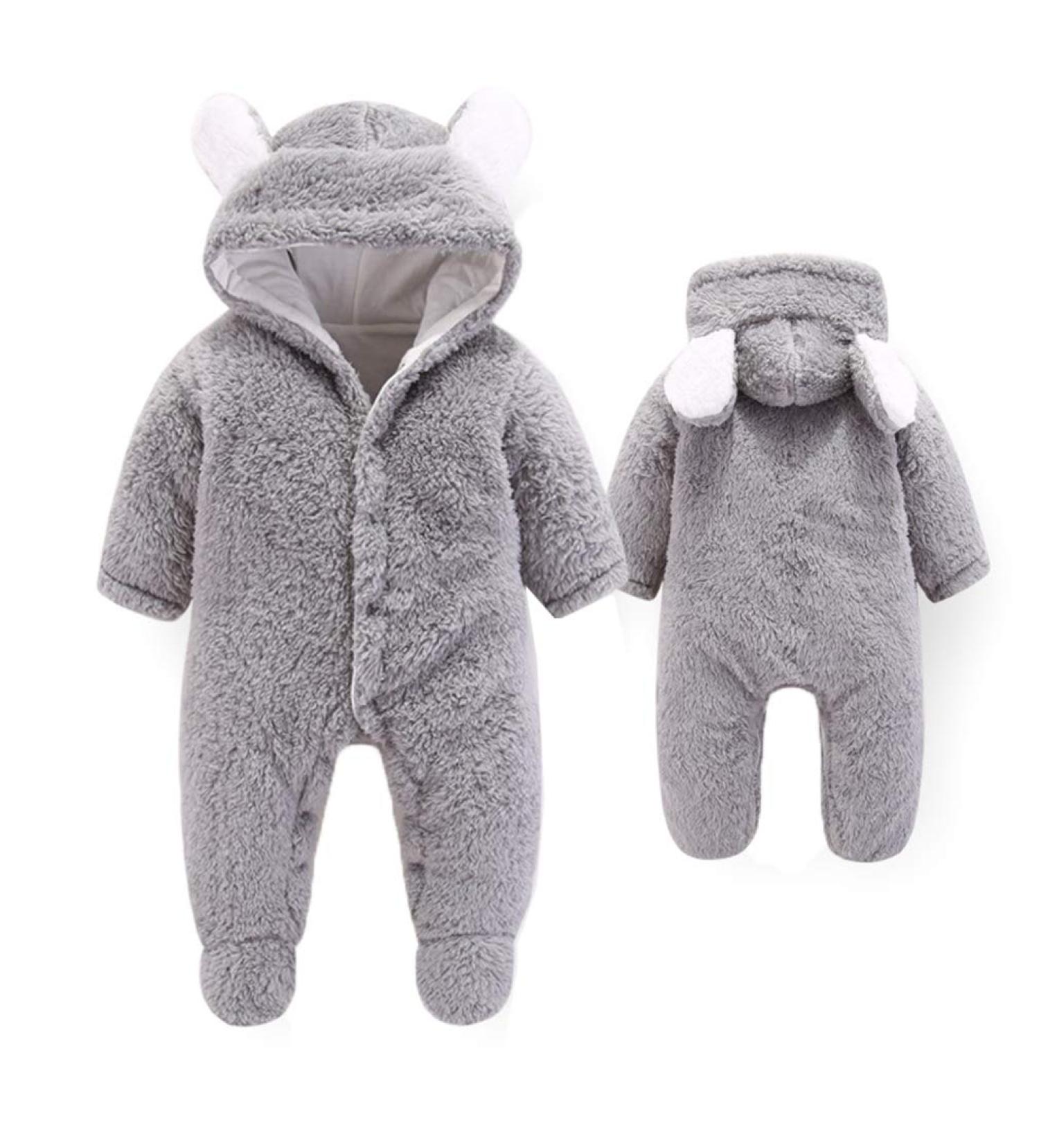 Ceguimos Newborn Baby Hooded Snowsuit Jacket | Warm Fleece Cartoon Bear Romper | Grey 9-12 Months - Buy Online on GoSupps.com