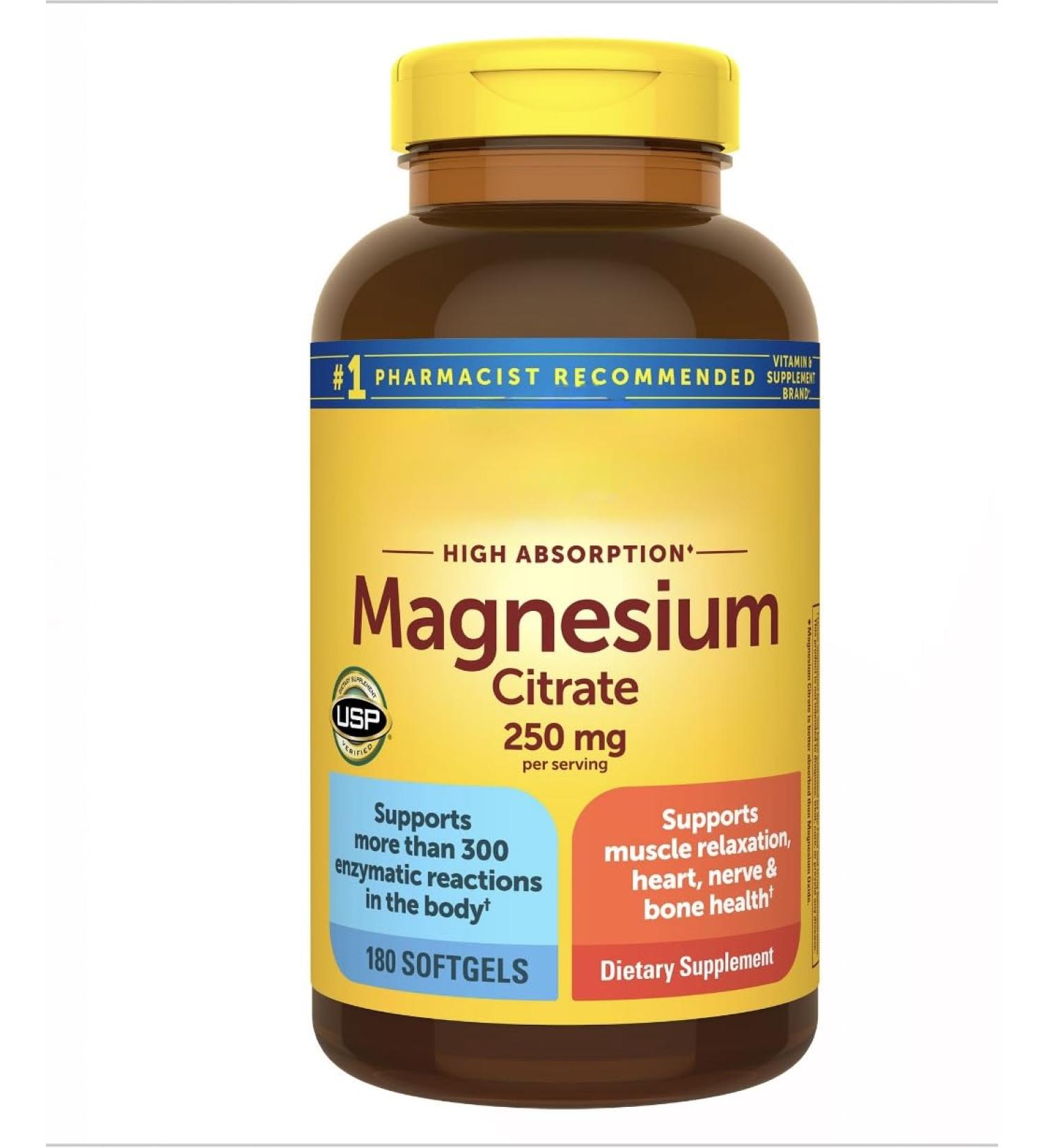Nature Magnesium Citrate High Absorption Magnesium Citrate Supplement 250mg per Serving 180 Softgels Supports Muscle Heart Nerve and Bone Health