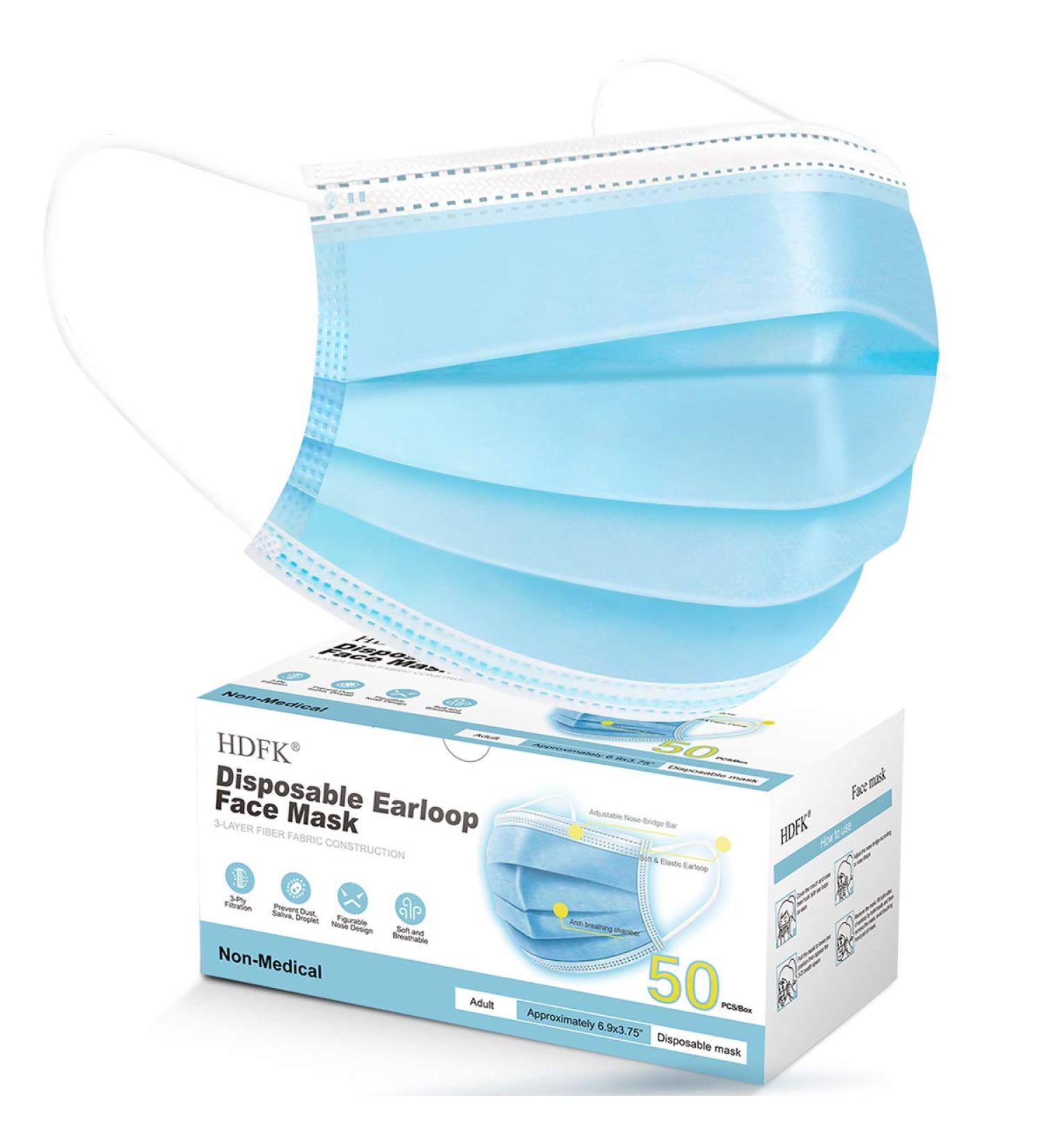 3-Ply Disposable Face Masks for Adults - Blue Ear Loop Masks with Nose Clip - 50 Pack - Buy Online on GoSupps.com