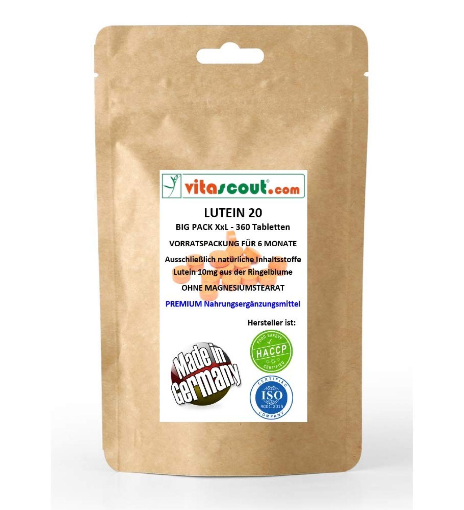 Lutein 20 II 360 tablets of 10mg each - for 6 months - WITHOUT MAGNESIUM STEARATE - MADE IN GERMANY by VITASCOUT