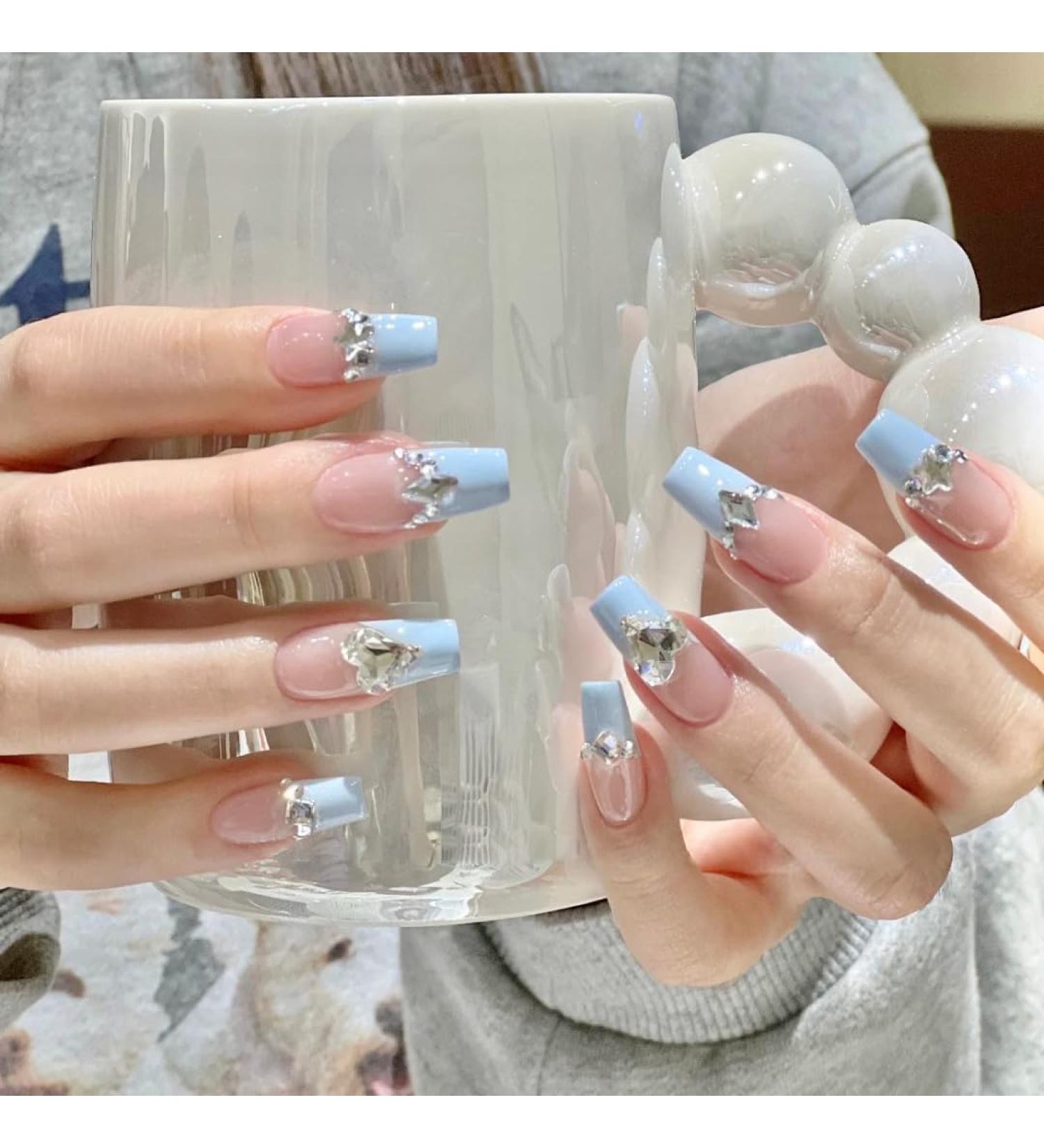 French Tip Press on Nails - Mid length Press On Nails with Nail Tips Blue Edge Love Diamond Chain Design Glossy white press on nails Acrylic False Nails Cute Artificial Nails - Buy Online on GoSupps.com