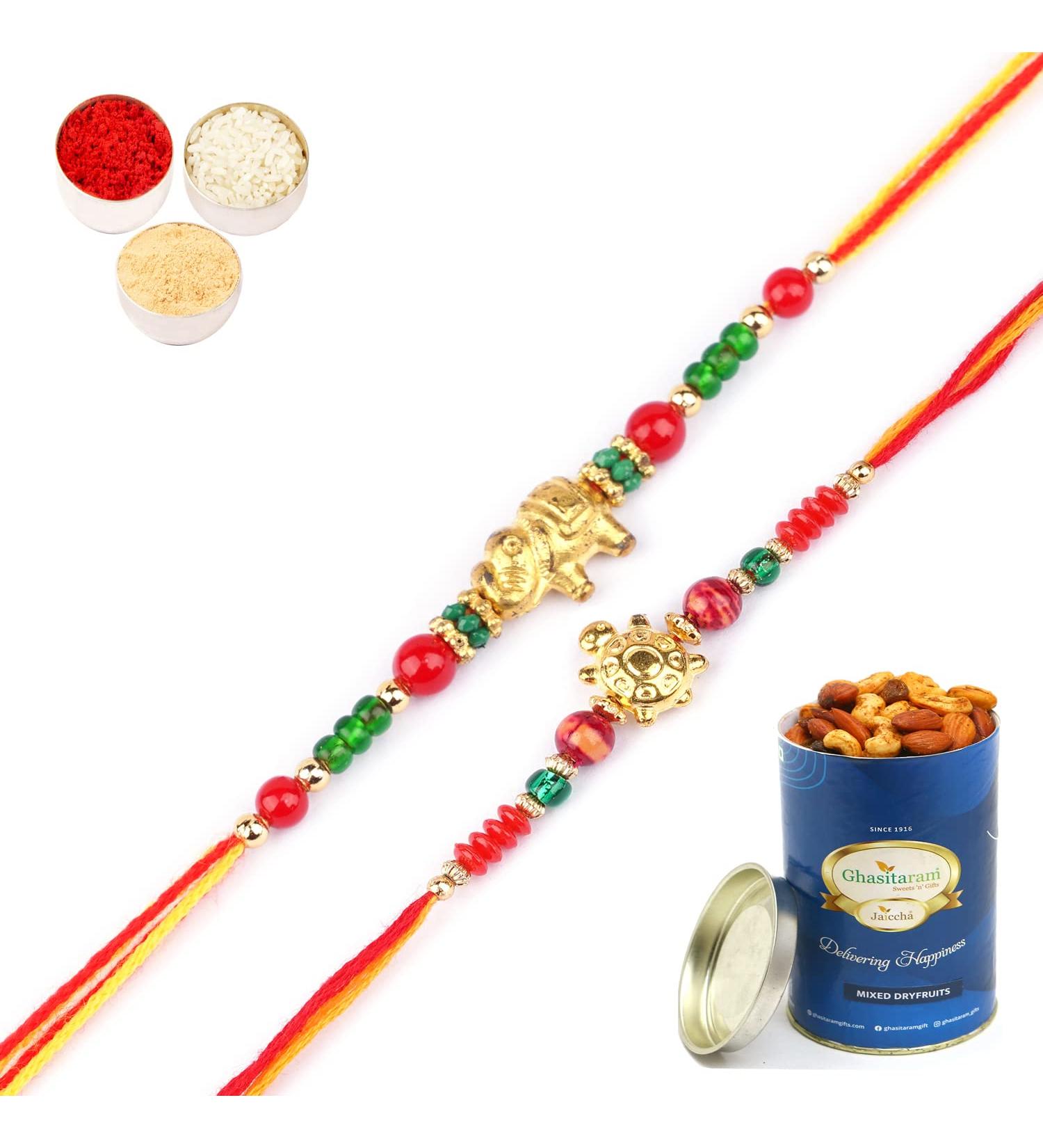 Ghasitaram Gifts Rakhi for Brother Rakhis Online - Set of 2-6043 and 6059 Rakhi Threads with 100 GMS of Dryfruits Mix Can - Buy Online on GoSupps.com