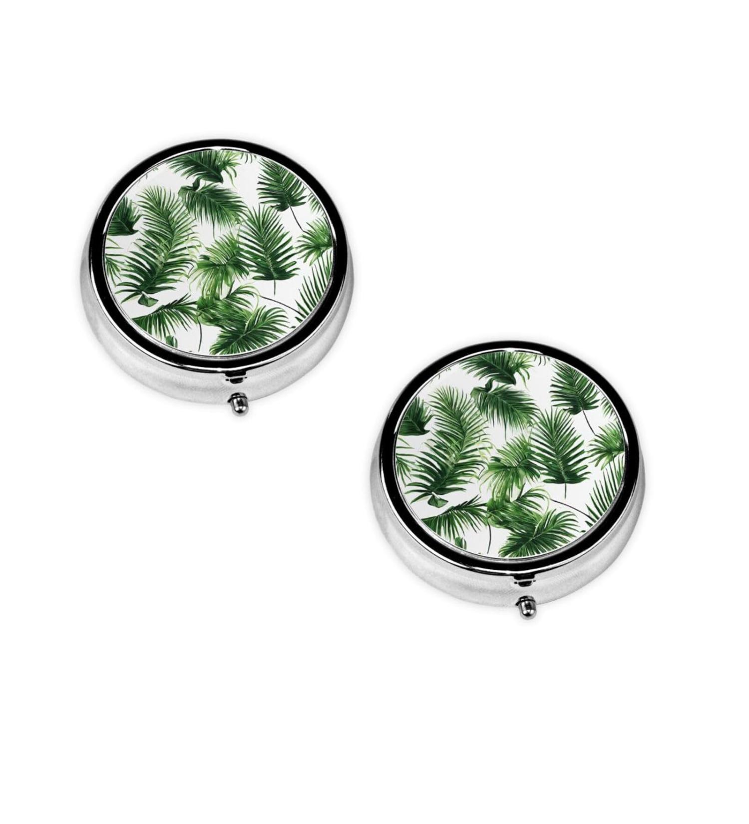 Palm Tree Green Leaves Mini Round Pill Box - 3 Compartment Travel Organizer for Medicine & Supplements - Buy Online on GoSupps.com