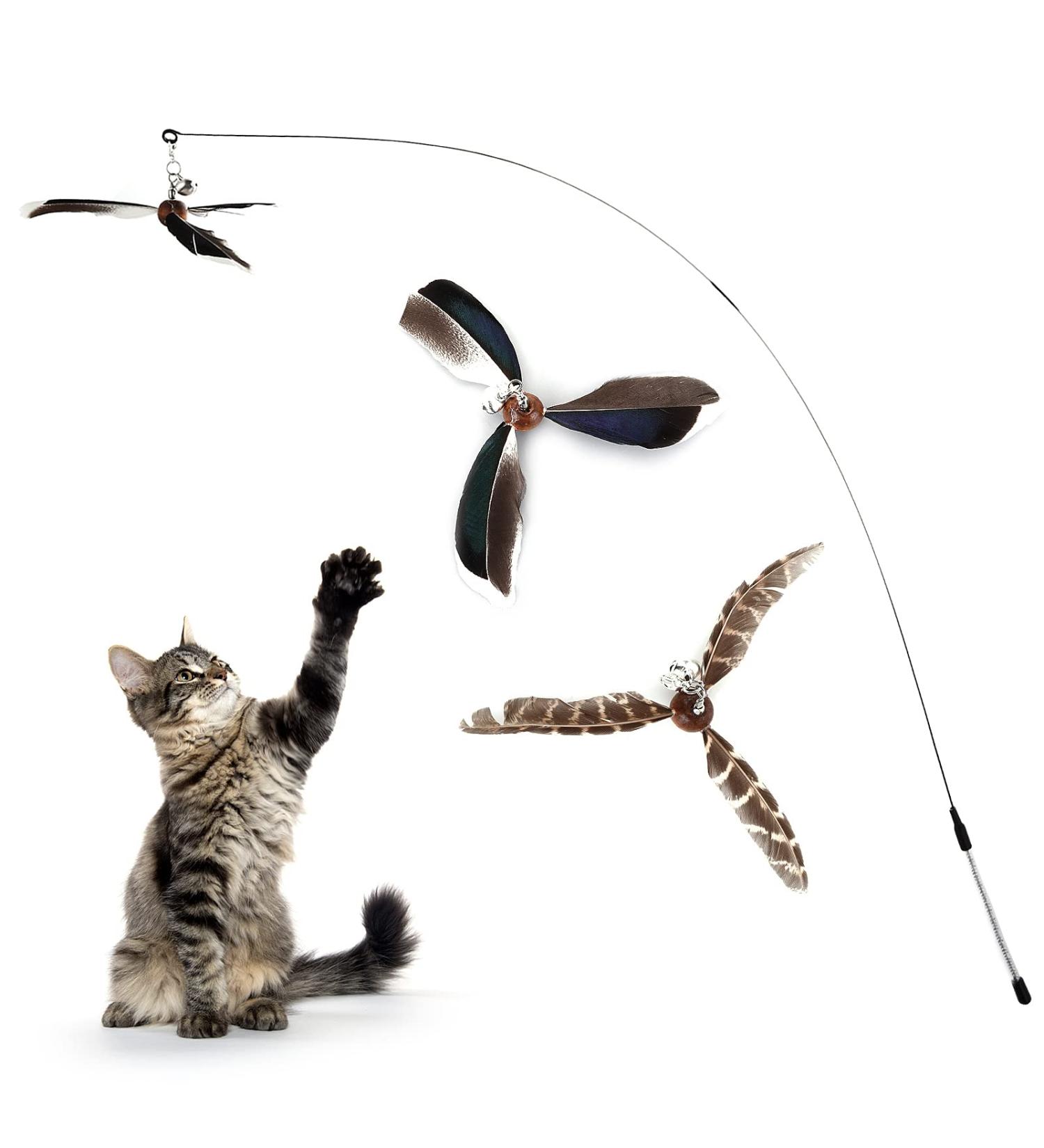 cobee Cat Wand Toys Interactive Cat Toys with 2 Feather Refills Cat Feather Propeller Wand Toy with Bell Cat Feather Toys Replacement Refills Indoor Cat String Toy for Kitten Training(Piebald) - Buy Online on GoSupps.com
