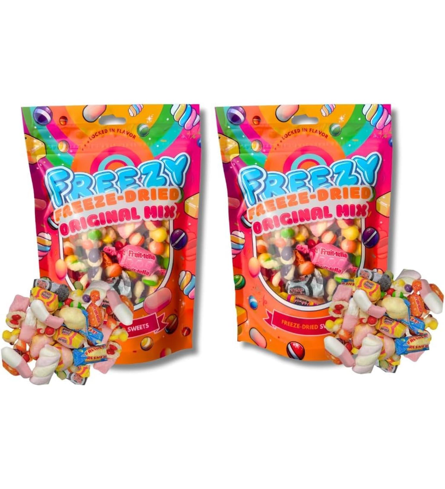 FREEZY FREEZE-DRIED Freezy Freeze Dried Sweets Bundle Original Mix (Pack of 2) Sour Bites includes Original Skittles & Squishes Refresher Candy Fruittella & Fruit Salad Bites Blue Jacks & Marshmallows 120 gms each - Buy Online on GoSupps.com