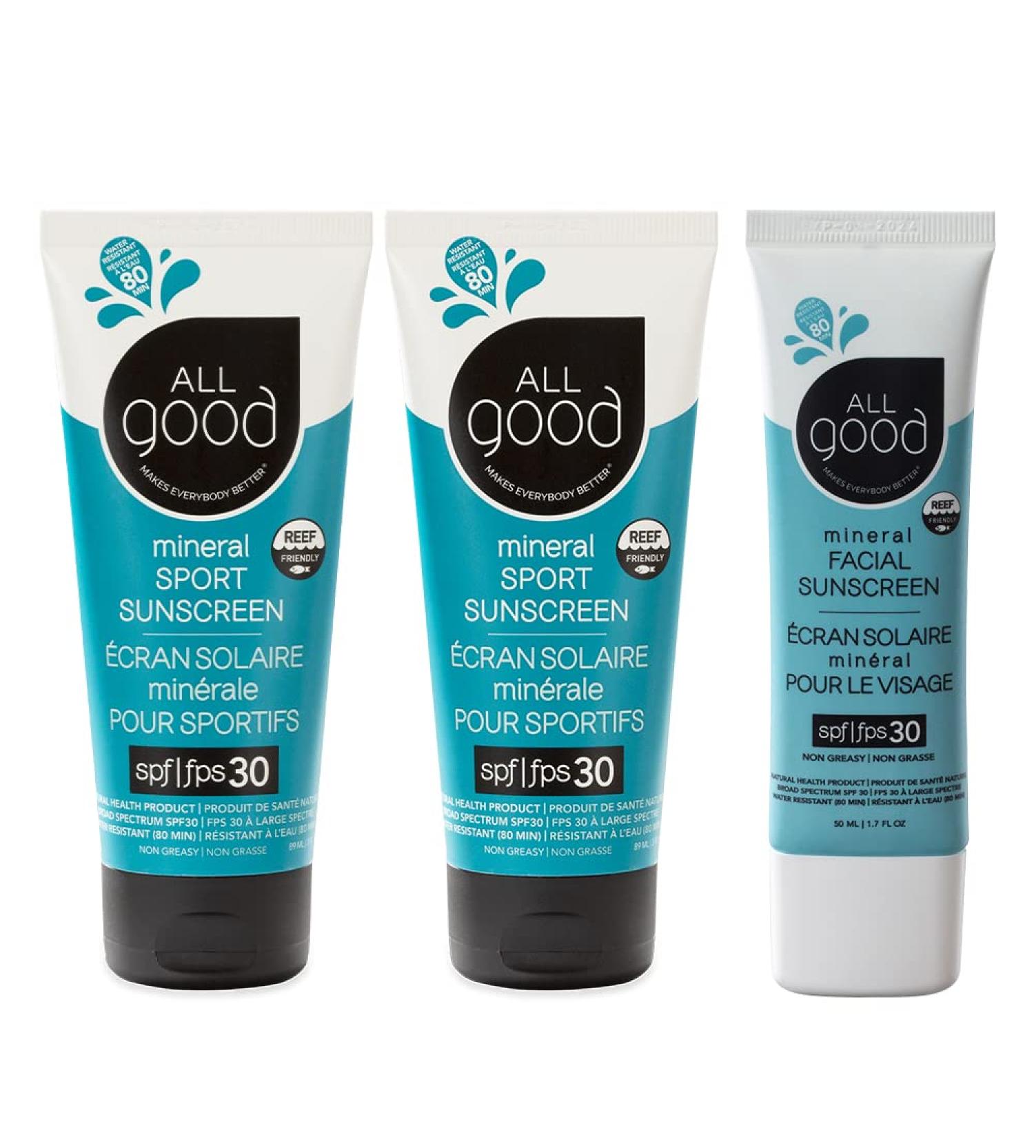 All Good Sport Mineral Sunscreen & Facial Bundle - SPF 30+ UVA/UVB Broad Spectrum Protection - Water Resistant - (2) Sport Sunscreen & (1) Facial Sunscreen - Buy Online on GoSupps.com