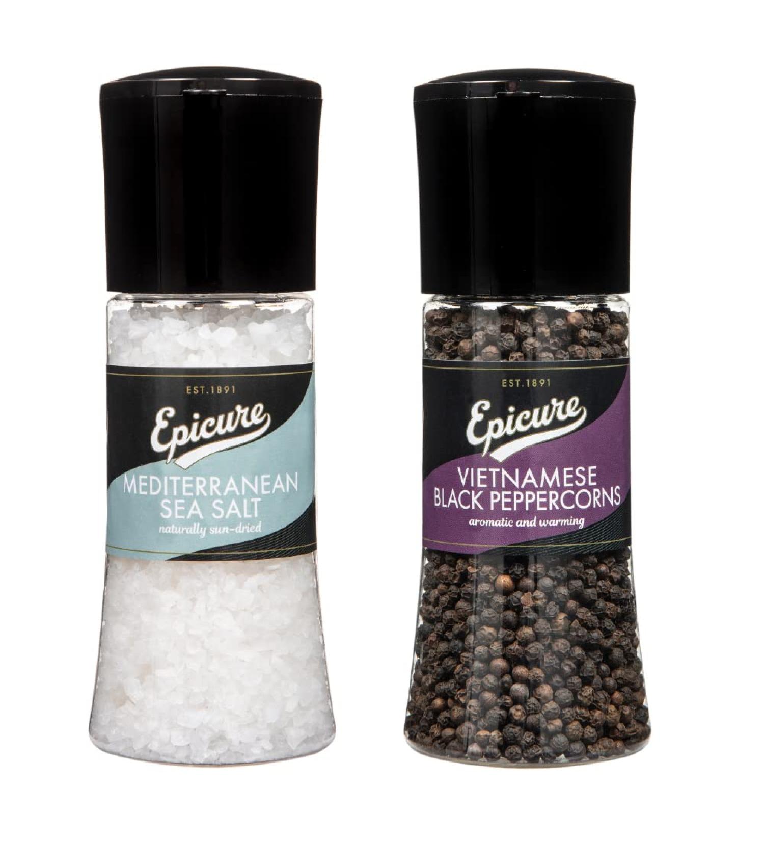Epicure Mediterranean Sea Salt 270 g & Epicure Vietnamese Black Peppercorns 145 g Freshly Ground Seasoning Grinders - Buy Online on GoSupps.com