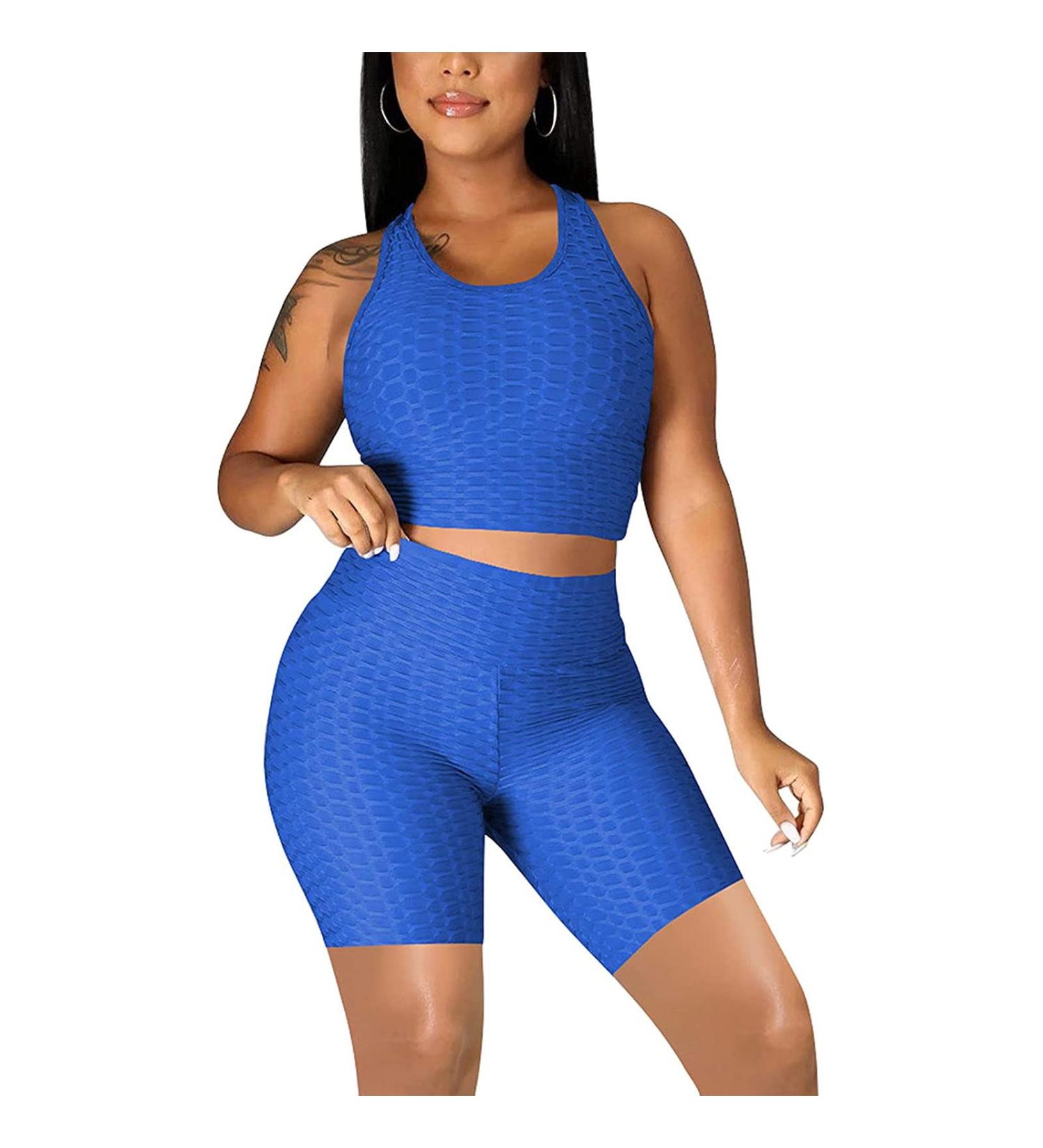 Aniywn Women's Seamless Ribbed Workout Set with High Waist Leggings and Sports Bra - Z Blue, X-Large - Buy Online on GoSupps.com