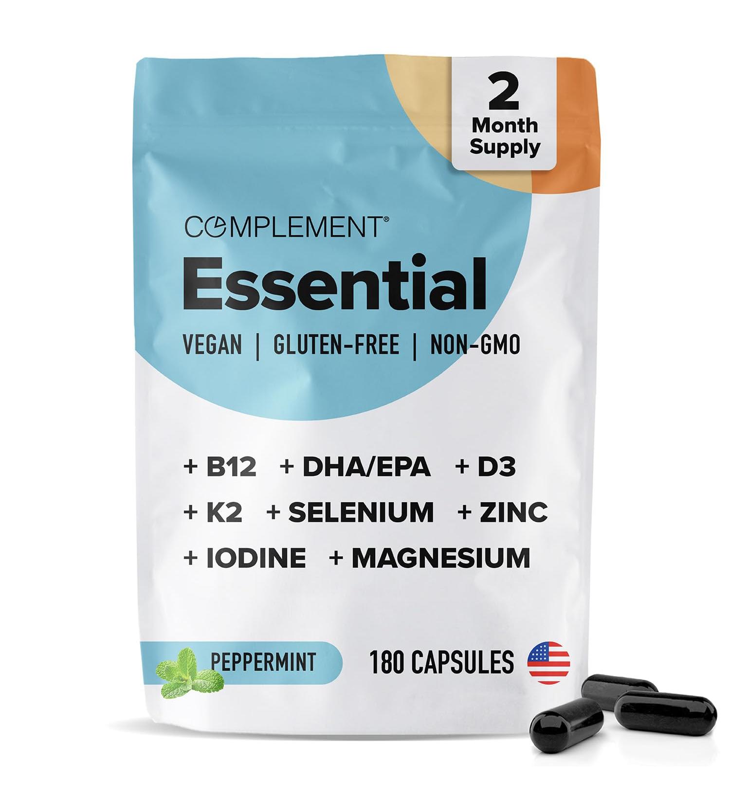 Complement Essential Vegan Multivitamin for Men & Women (60 Servings 180 Capsules) with Omega-3 DHA & EPA B12 Vitamin D3 & K2 Zinc Selenium Magnesium Iodine - Supports Immunity & Overall Health 180 Count (Pack of 1)  - Buy Online on GoSupps.com
