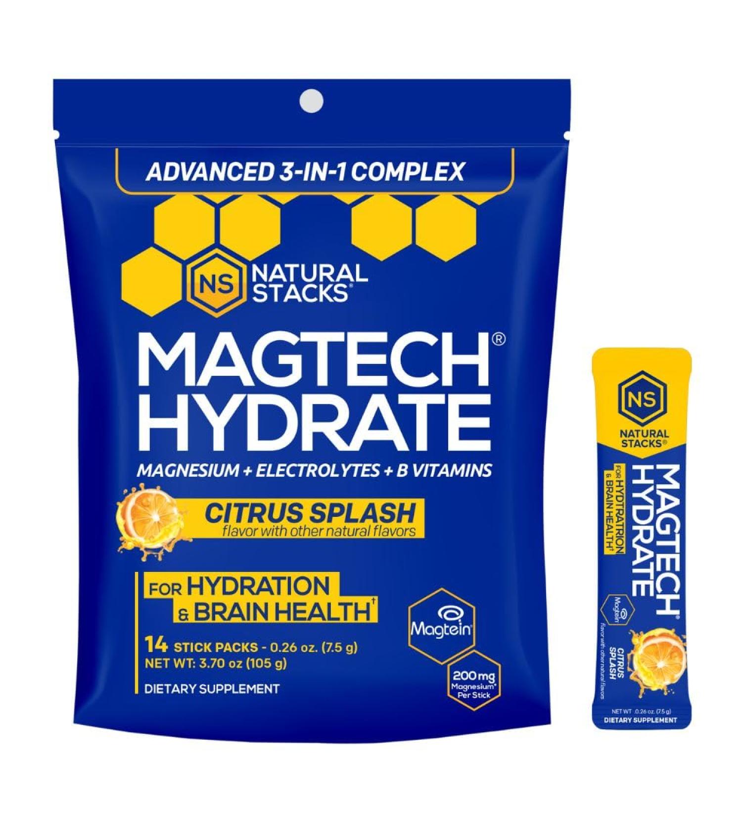 MagTech Magnesium Hydrate Packets - Sugar Free Hydration Powder - Magtein Magnesium L-Threonate Glycinate & Taurate - 200mg Chelated Triple Complex - Supports Hydration & Brain Health* - 14 Servings Hydrate (Citrus Splash) - Buy Online on GoSupps.com