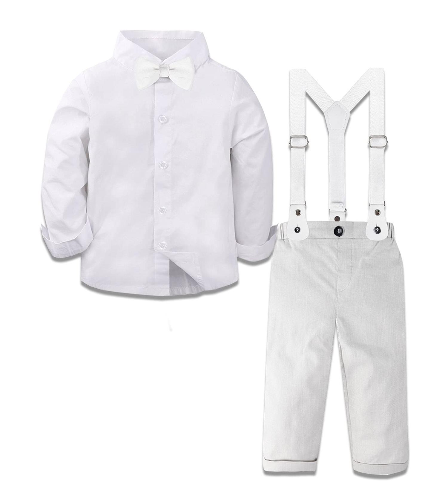 Mint Green Baby Boy Gentleman Wedding Suit Set 12-18 Months - 4pcs Long Sleeve Shirts, Trousers, Suspenders, Bowtie in White - Buy Online on GoSupps.com