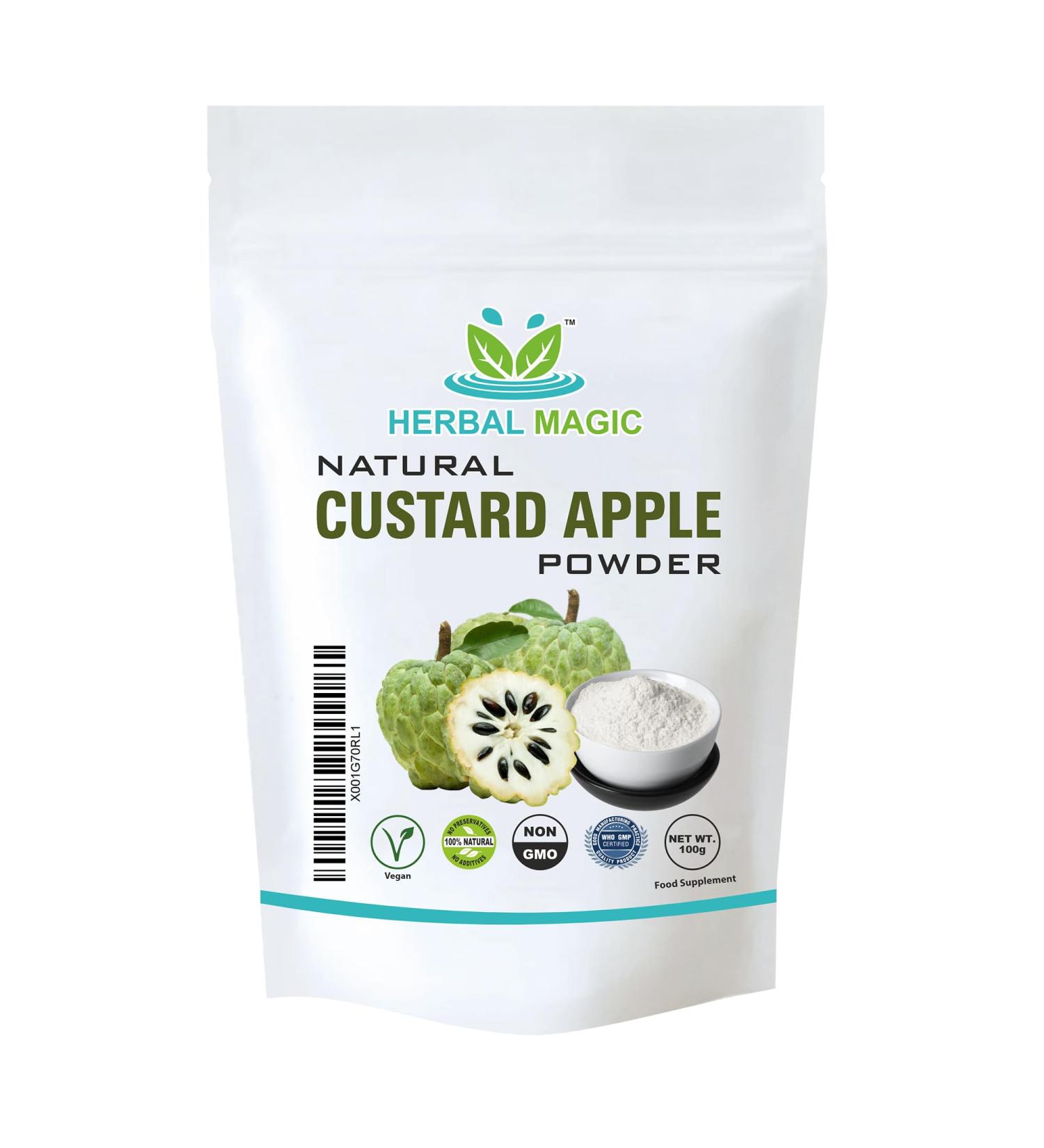 Herbal Magic Custard Apple Powder - Pure & Natural for Vibrant Smoothies, Shakes, Juices, Baking - 100g Pack - Irresistibly Delicious for Active Lifestyles - Buy Online on GoSupps.com