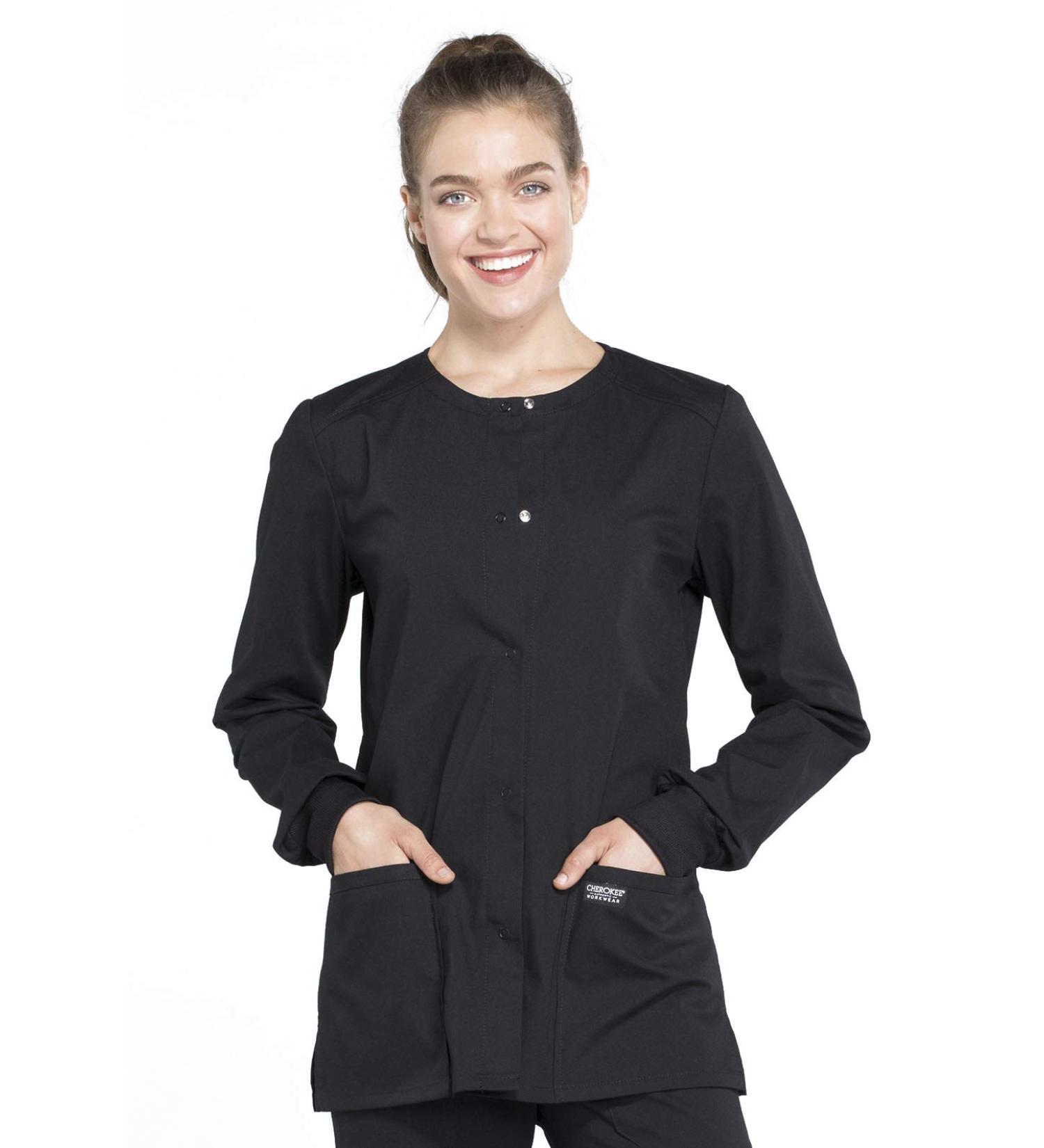 Women's Workwear Professional Snap Front Scrub Jacket - Soft Stretch Material - Medium, Black - WW340 - Buy Online on GoSupps.com