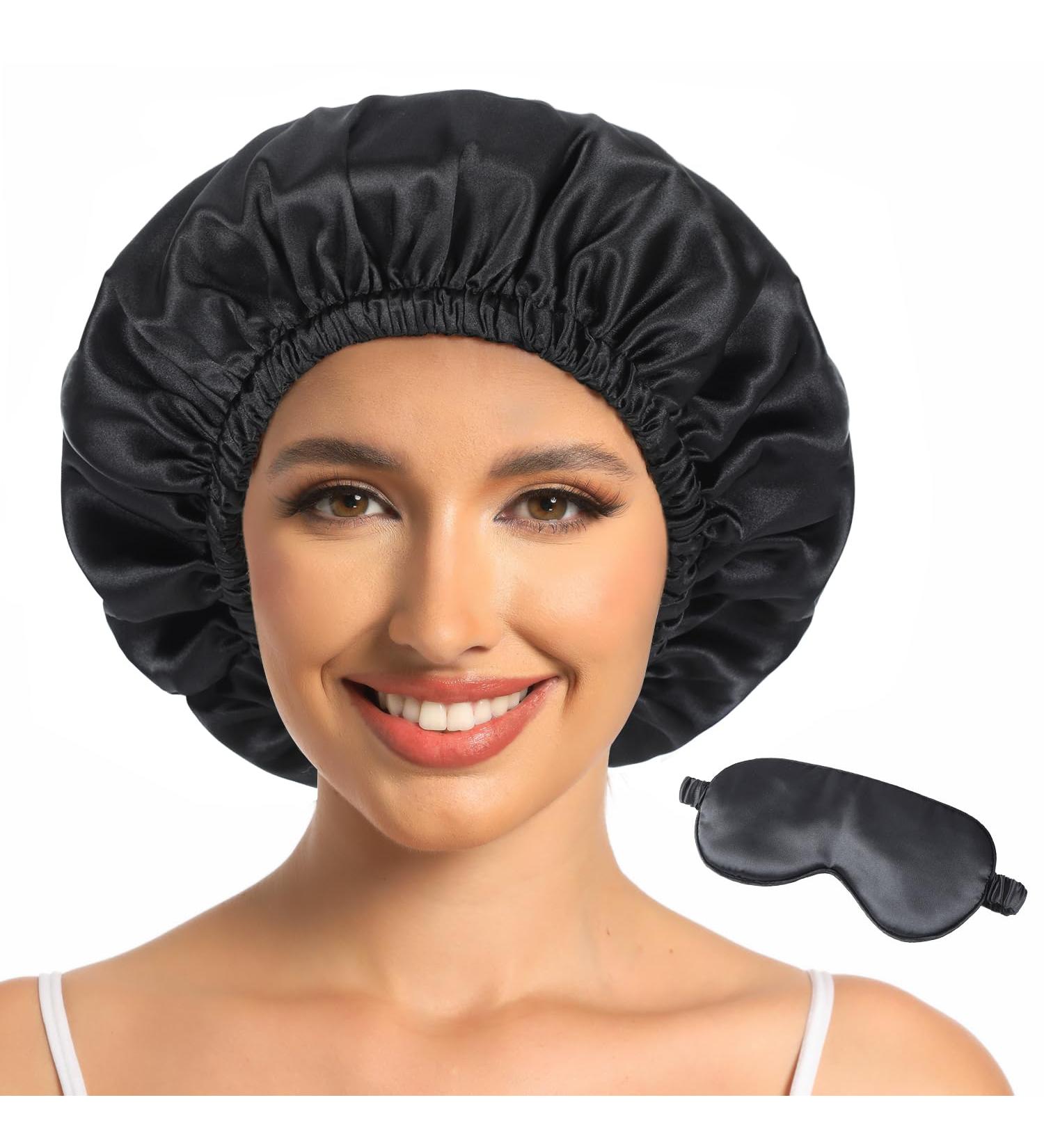 Shop Luxury Silk Bonnet & Satin Sleeping Cap for Women - Adjustable Double Layer | Black - Buy Online on GoSupps.com