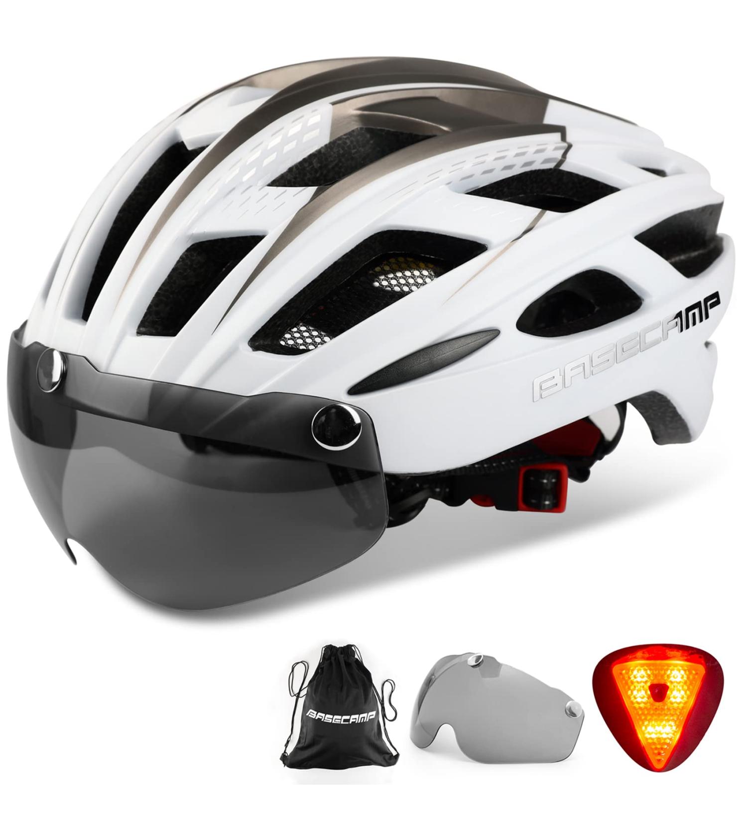 Basecamp BC-069 Bike Helmet - White | Rear Light | Detachable Goggles | Portable Backpack | Lightweight Adjustable Cycling Helmet for Men & Women - Buy Online on GoSupps.com