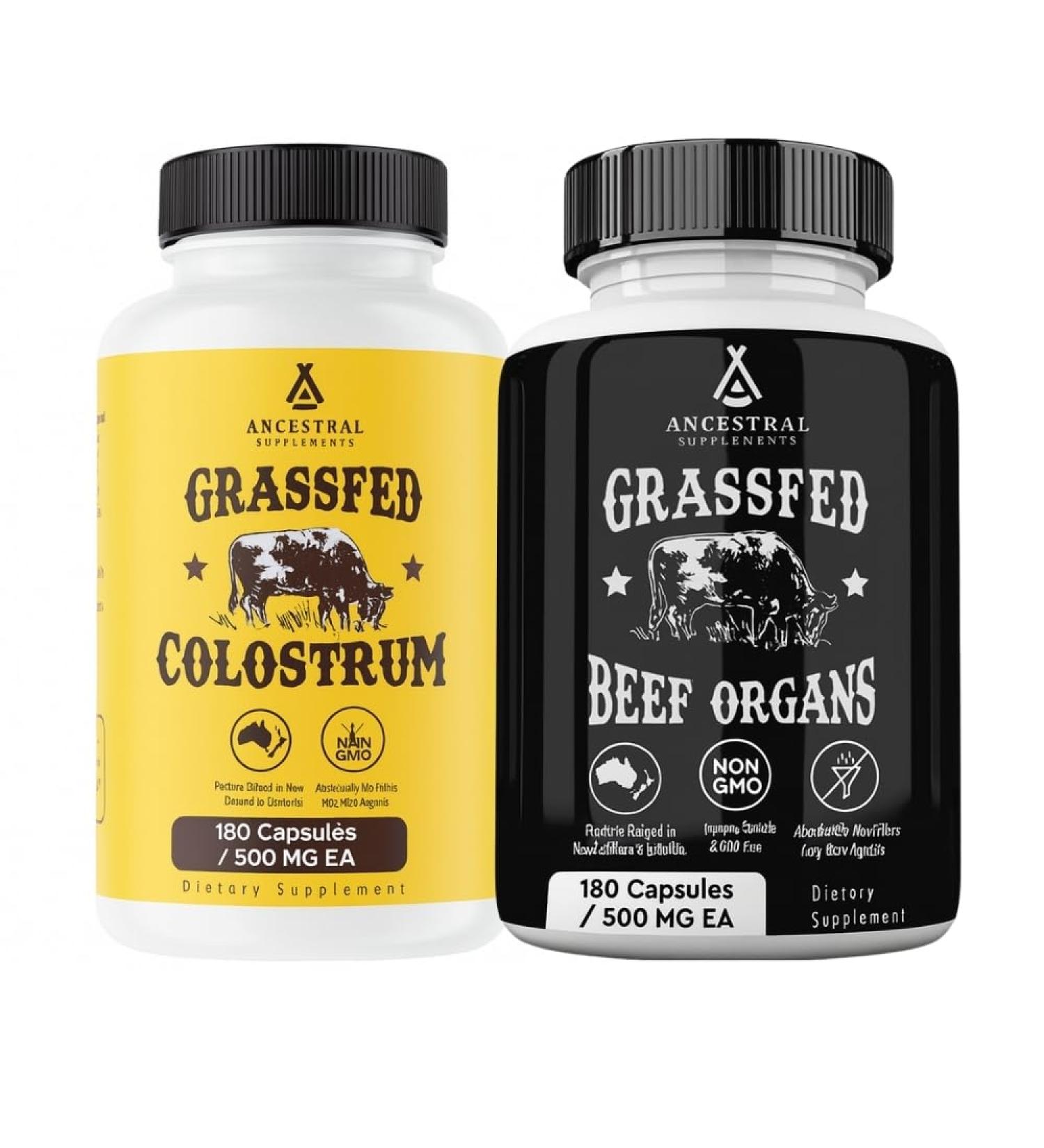Ancestral Supplements Beef Organs & Colostrum Bundle Supports Immunity Energy Digestion & Recovery Grass Fed Pasture Raised Multivitamin with Liver Heart Kidney Pancreas Spleen & Bioactive - Buy Online on GoSupps.com