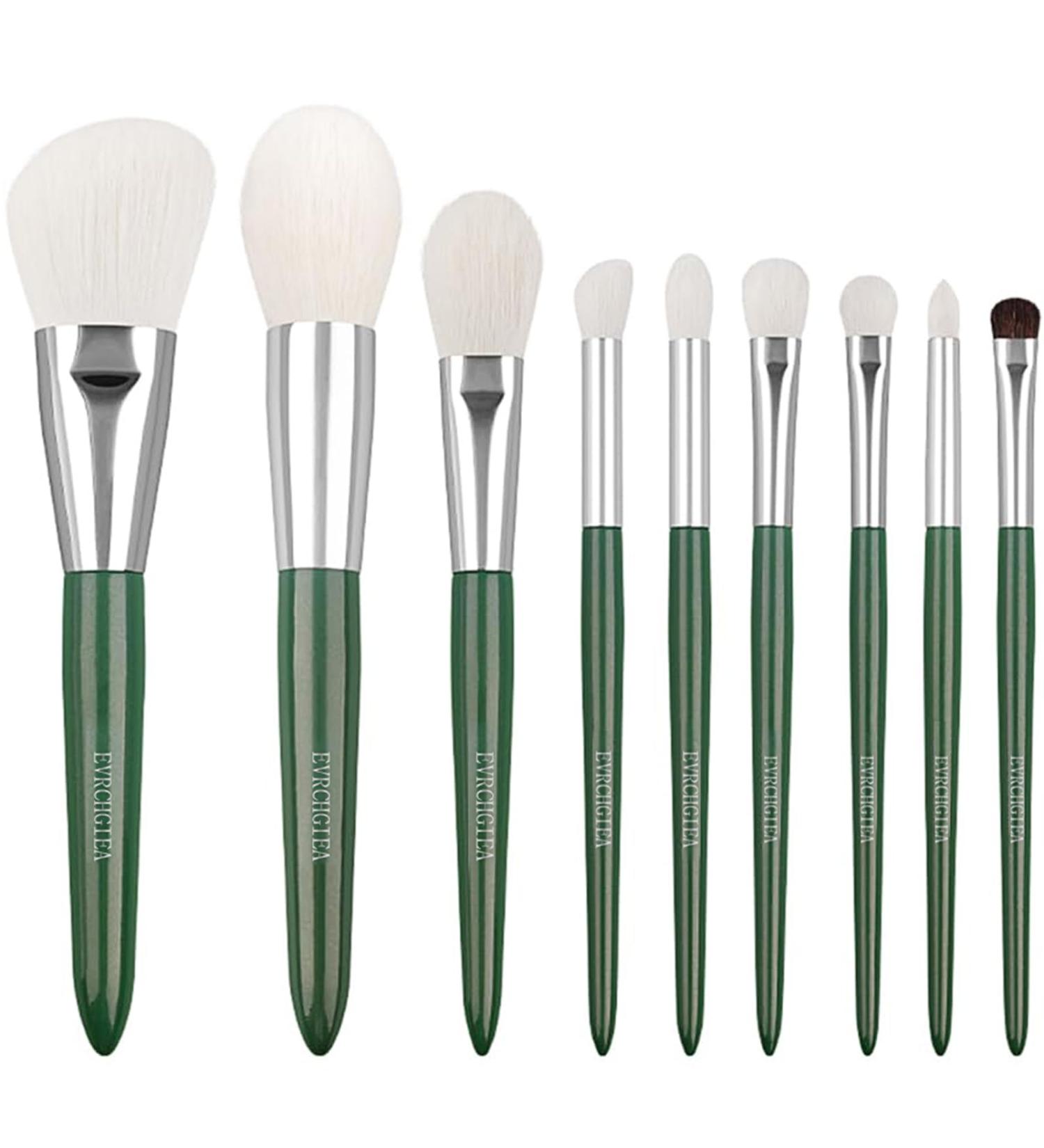 Natural Goat Hair Makeup Brushes Set - 9 Piece Ultra Soft Face & Eye Brushes for Foundation Concealer Blush Contour & Eyeshadow - Perfect Travel Kabuki Set (Green - Buy Online on GoSupps.com