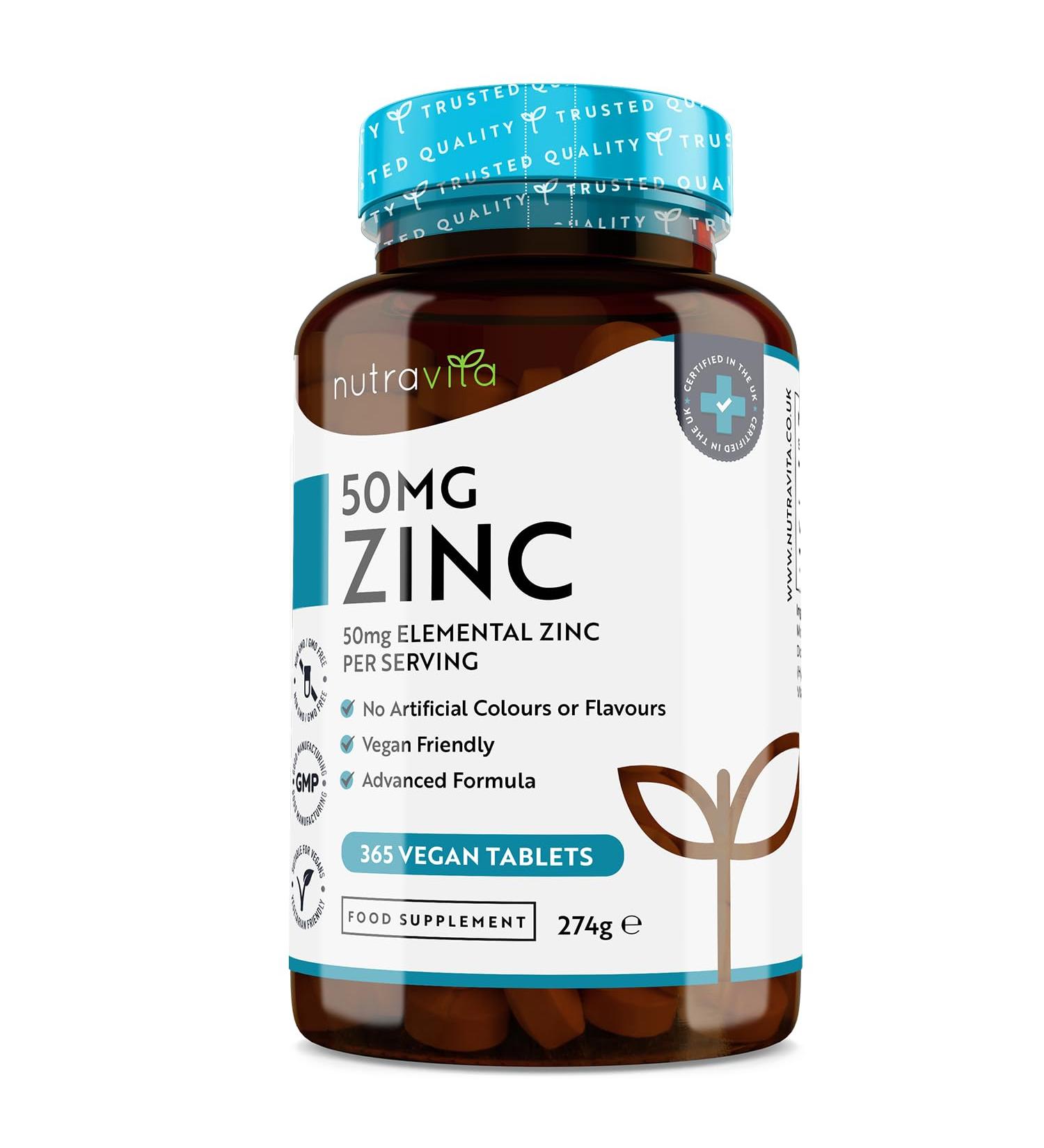 Nutravita Zinc Tablets 50mg 365 Vegan Tablets - 6 Months Supply | High Strength Immune System Support, Made in UK - Buy Online on GoSupps.com