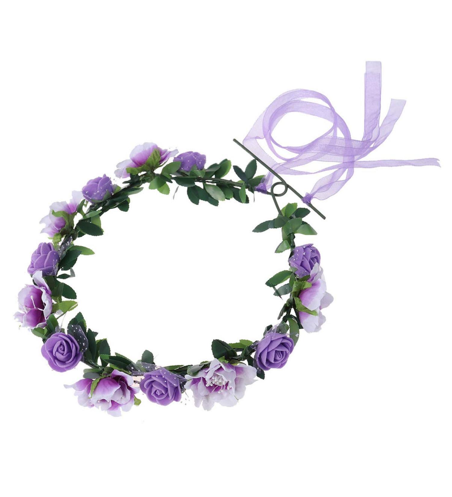 Minkissy Bridal Hair Wreath - Purple Flower Crown with Green Leaf Headband for Women and Girls - Perfect for Wedding and Party - Buy Online on GoSupps.com