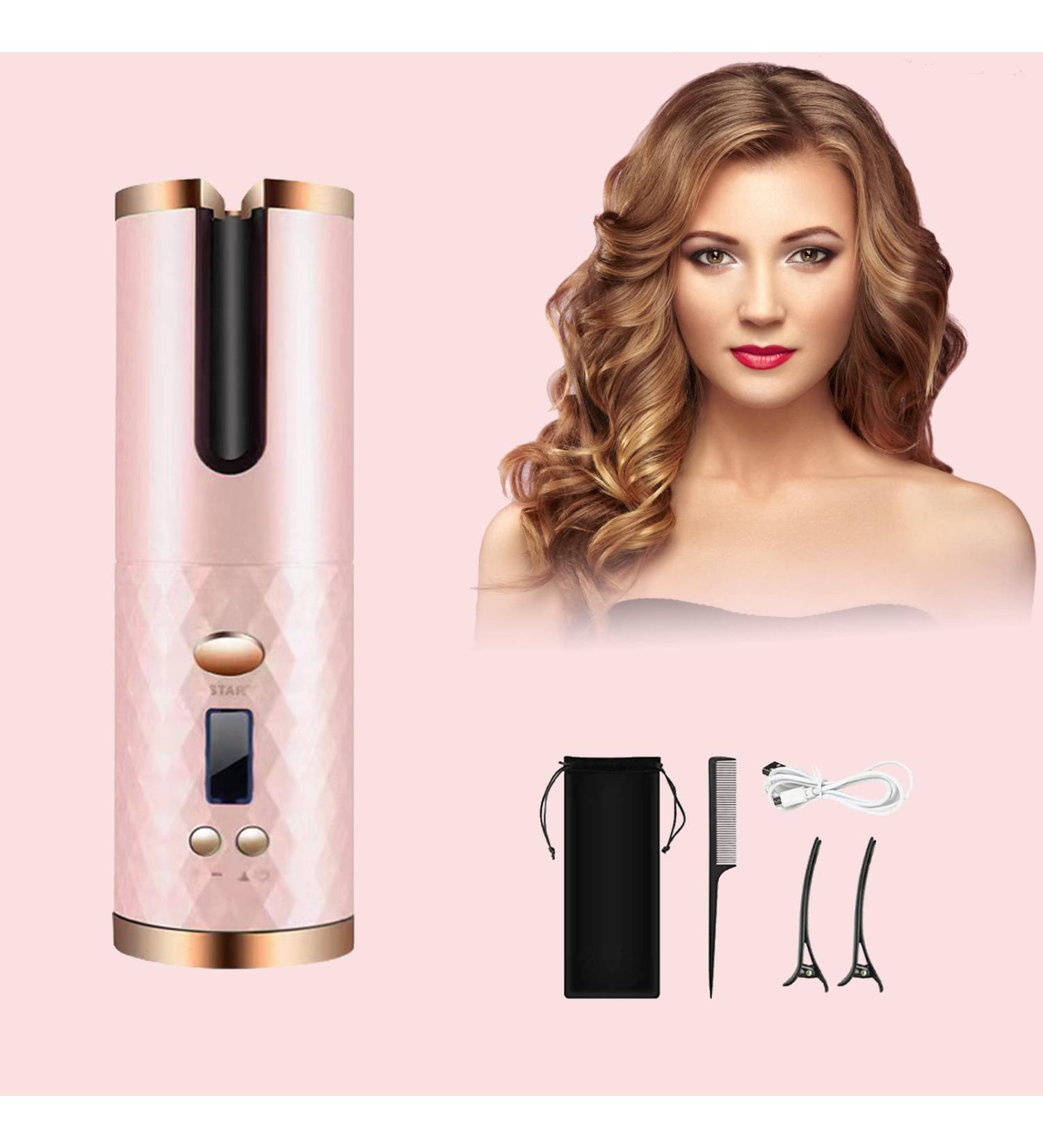 Automatic Curling Iron - Cordless Auto Hair Curler Ceramic Rotating Wand with 6 Temps & Timers - Fast Heating Portable & Rechargeable in Rose Gold - Buy Online on GoSupps.com