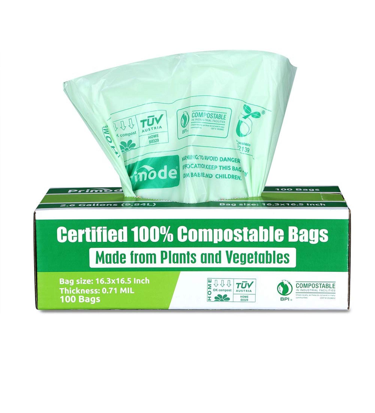 Primode 100% Compostable Trash Bags 2.6 Gallon - 100 Count, Extra Thick 0.71 Mil, BPI & TUV EU Certified Compost Bags for Food Scrap Yard Waste - Buy Online on GoSupps.com