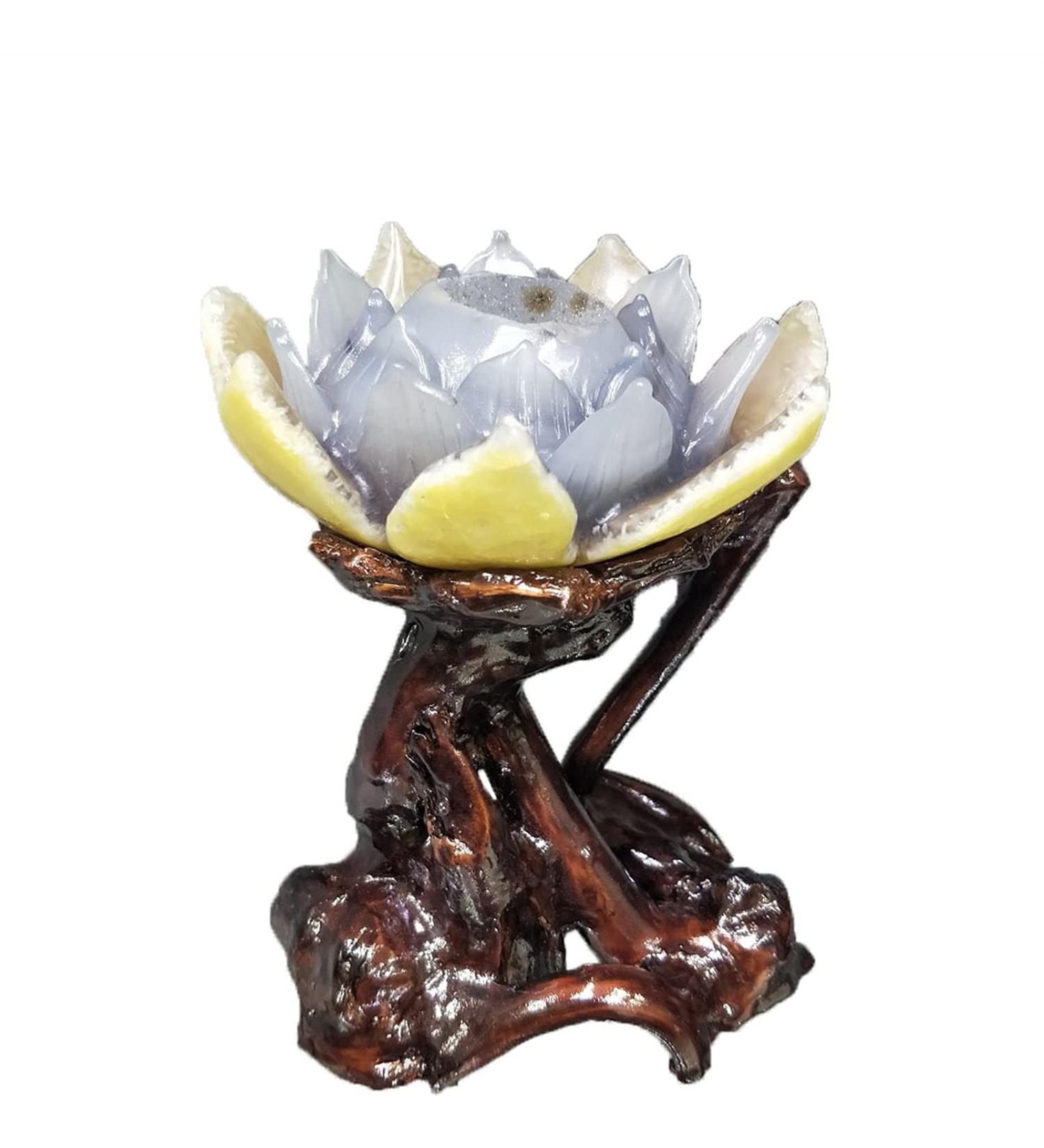 Natural Crystal Rough Natural Agate Geode Lotus Figurine Drusy Cluster Crystal Flower for Home or Wedding Decoration+Fashionable Wooden ba - Buy Online on GoSupps.com