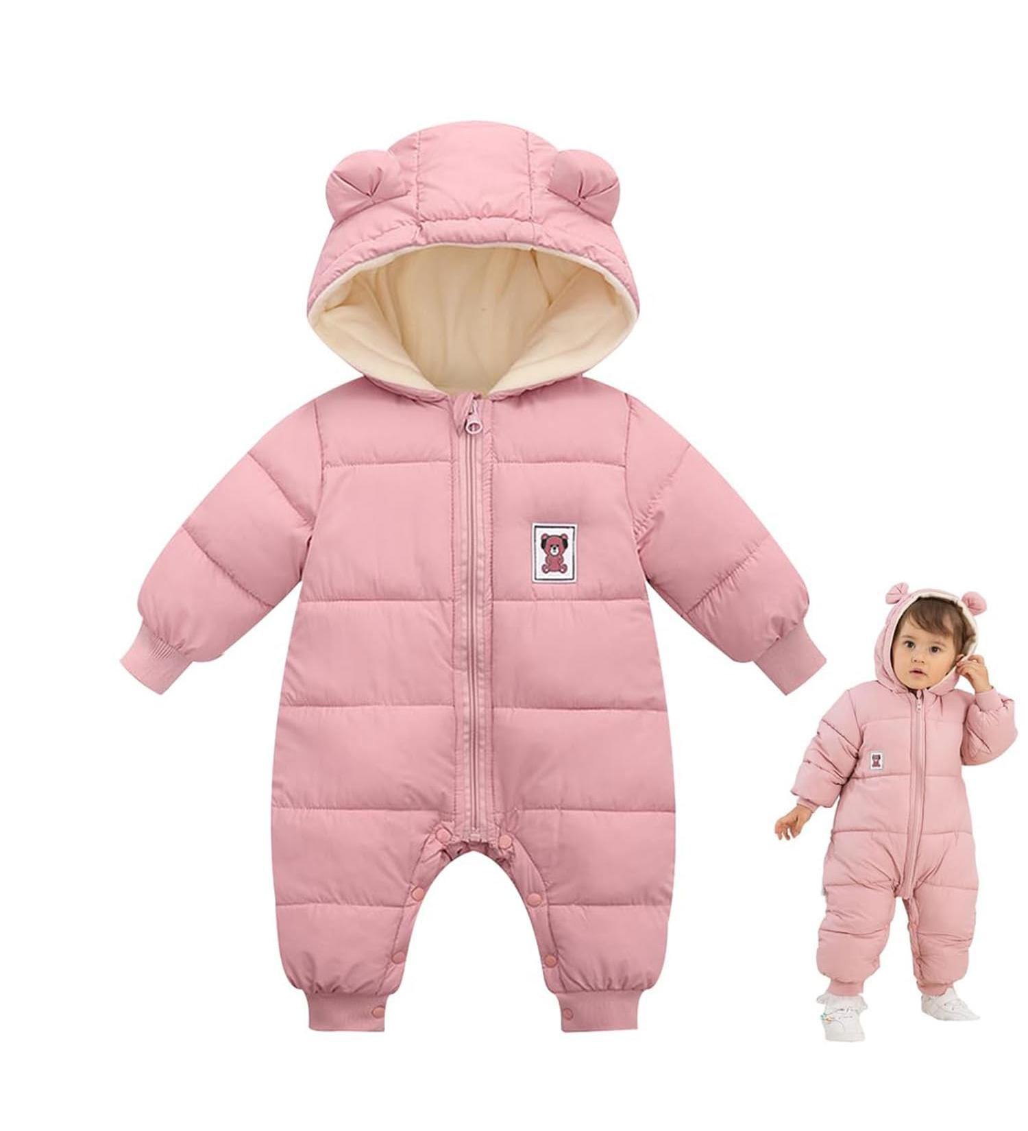 Milkiwai Baby Snowsuit Romper | Winter Hooded Jumpsuit with Zip | Boys Girls Infant Snow Wear | Cute Bear Design | Thick Outfits 66 Pink - Buy Online on GoSupps.com