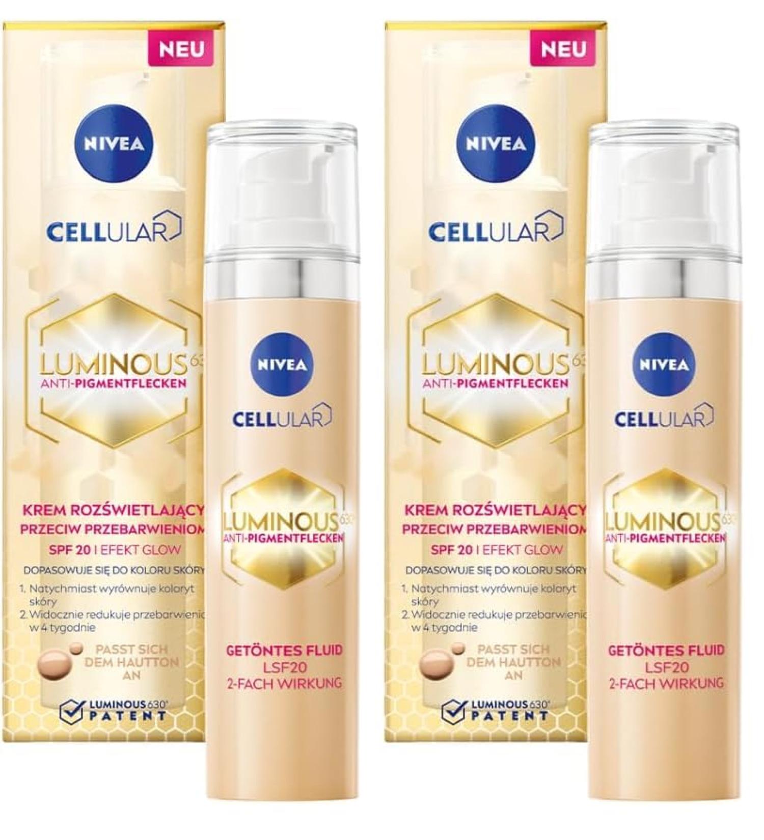 NIVEA Cellular Luminous 630 Liquide anti-pigmentaire SPF20 (40 ml) soin du visage contre les taches pigmentaires et les taches de vieillesse fluide hydratant avec hyaluron (Lot de 2) - Buy Online on GoSupps.com
