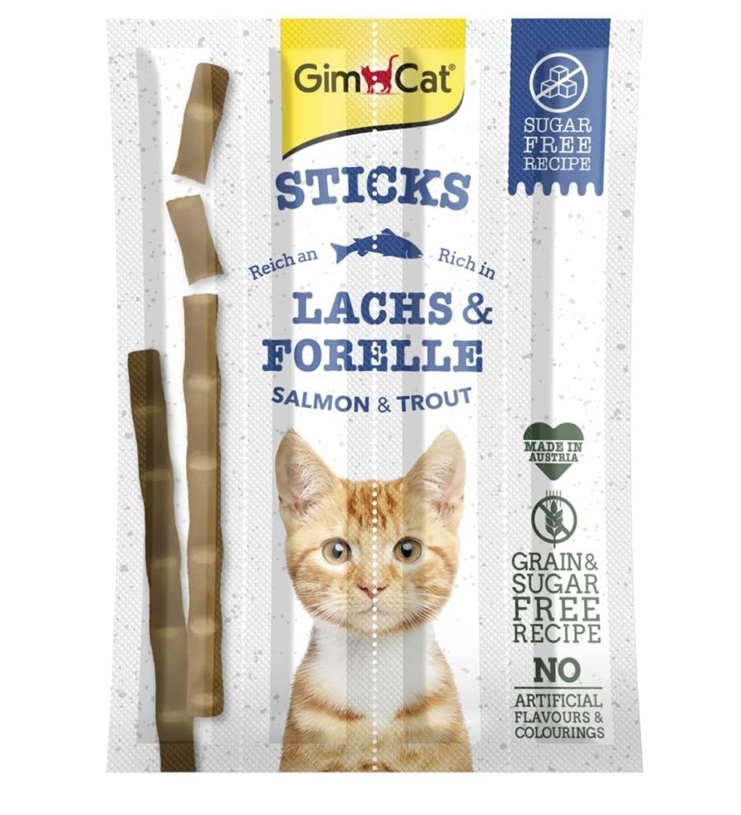 Gimcat Sticks Salmon & Trout - High Meat Sugar-Free Soft Caus Sticks - 1 Pack (4 Sticks) - Premium Cat Treats for Healthy Pets - Buy Online on GoSupps.com