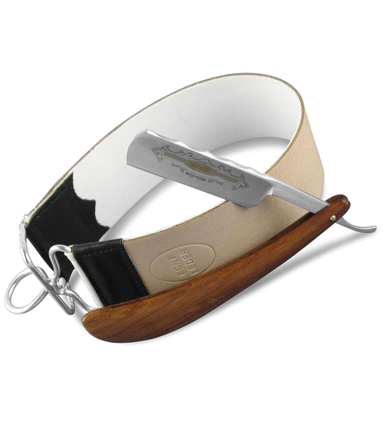 Razor Set: Wooden Handle with Gold Etching & Professional Leather Linen Strop - Premium Quality for Precision Shaving - Buy Online on GoSupps.com
