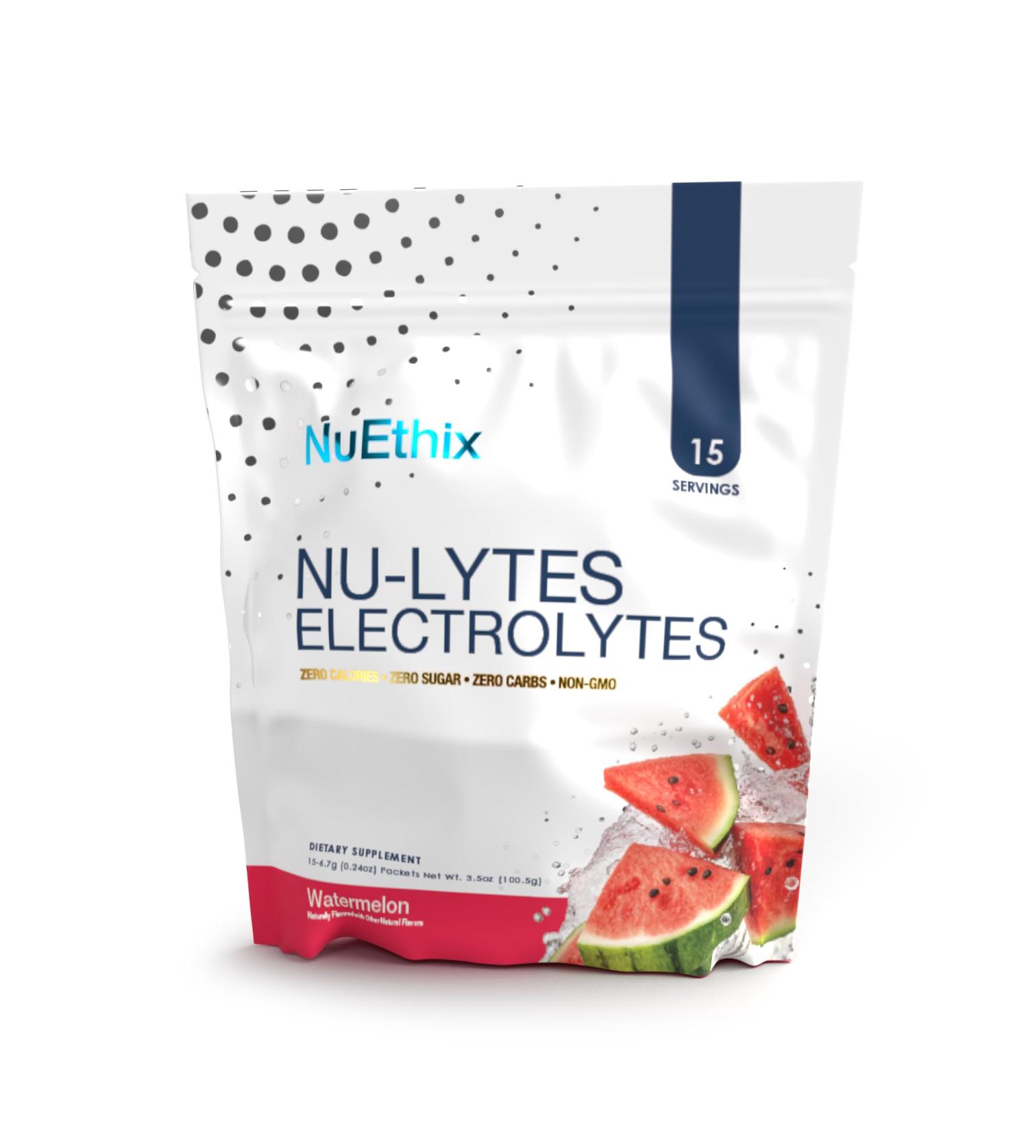 NuEthix Formulations NU-LYTES Electrolytes Hydration Packets Zero Calories Zero Sugar Zero Carbs Non-GMO Electrolytes Powder Packets Glycogen Replenishment 15 Servings (Watermelon) - Buy Online on GoSupps.com