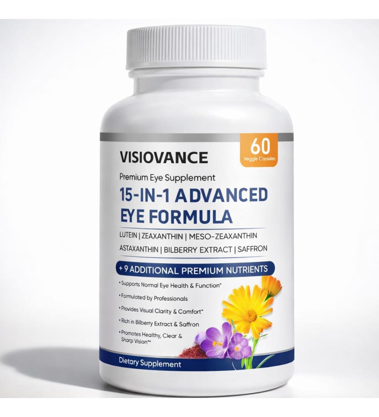 VISIOVANCE 15 in 1 Advanced Eye Formula - Carotenoids Lutein Zeaxanthin & Antioxidant Blend Daily Visual Support Formula for Screen Use & Overall Eye Wellness 60 Capsules - Buy Online on GoSupps.com