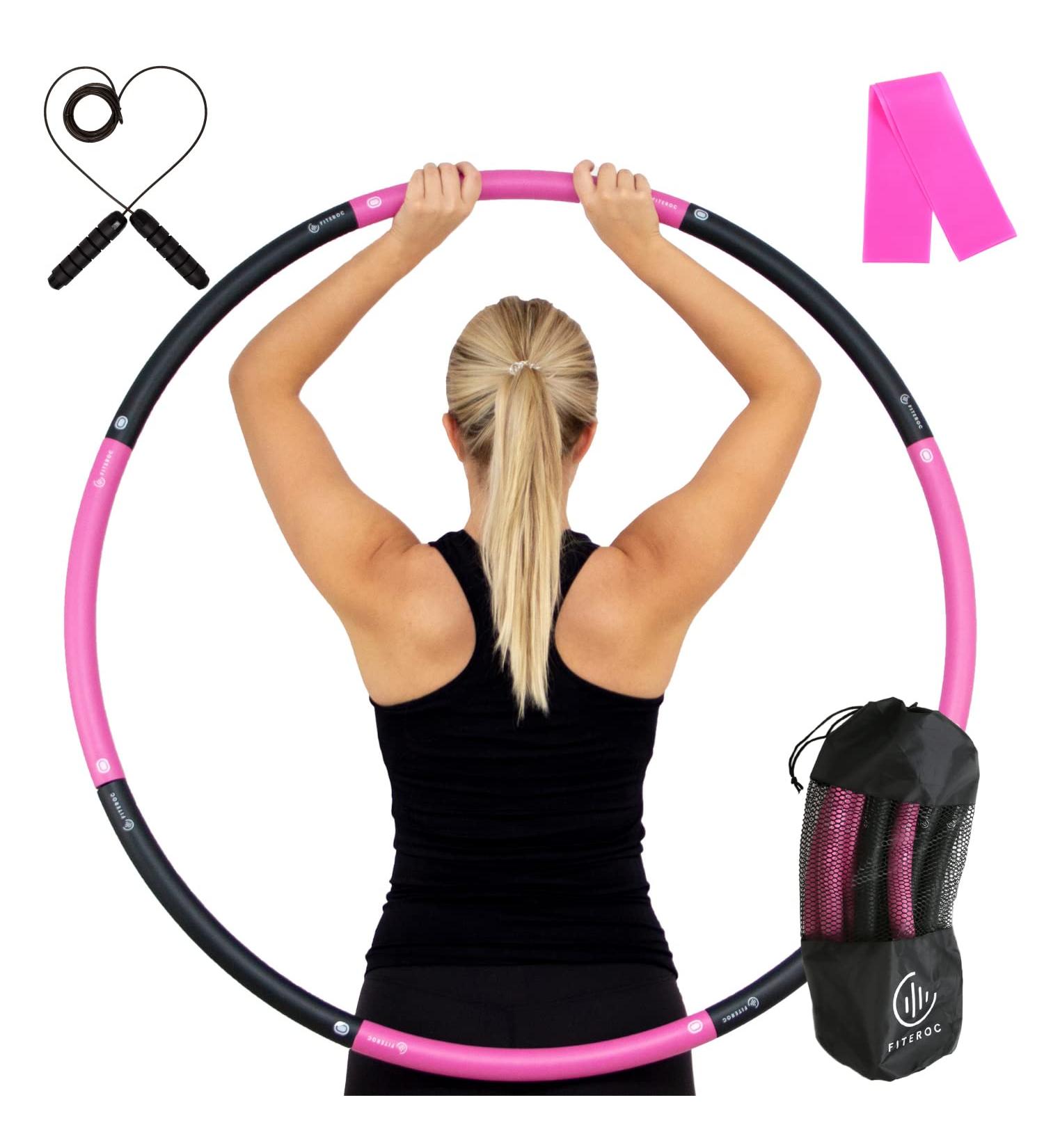 Fiteroc Weighted Fitness Hula Hoop for Adults - Detachable & Portable - Includes Jump Rope, Resistance Band, Carry Bag - Black/Pink - Buy Online on GoSupps.com