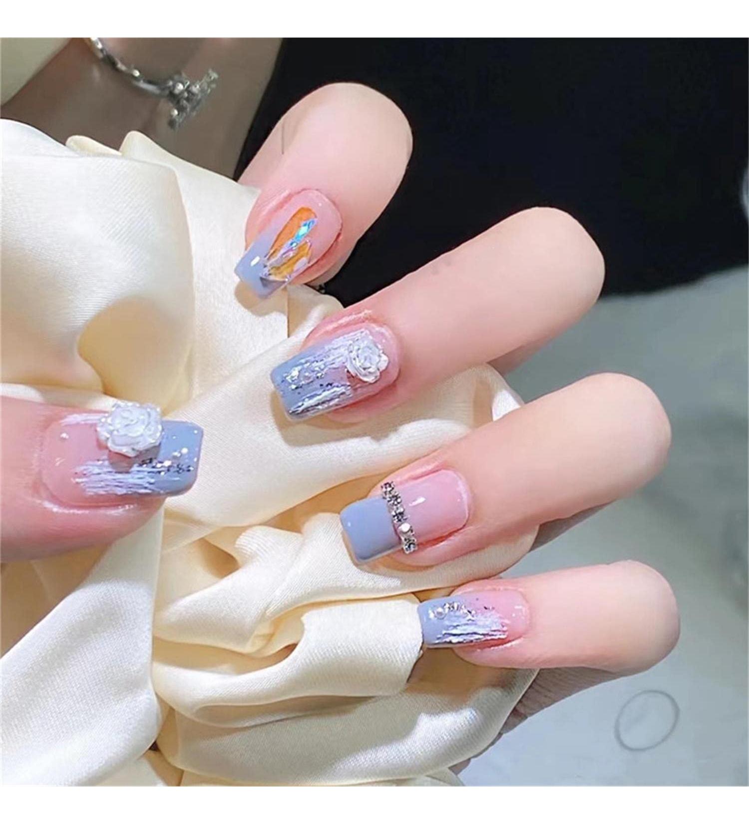 Press on Nails Fake Nails 24Pcs Shiny Blue False fingernail with Self-Adhesive Jelly Nail Glue Tabs Press On False Nails - Buy Online on GoSupps.com