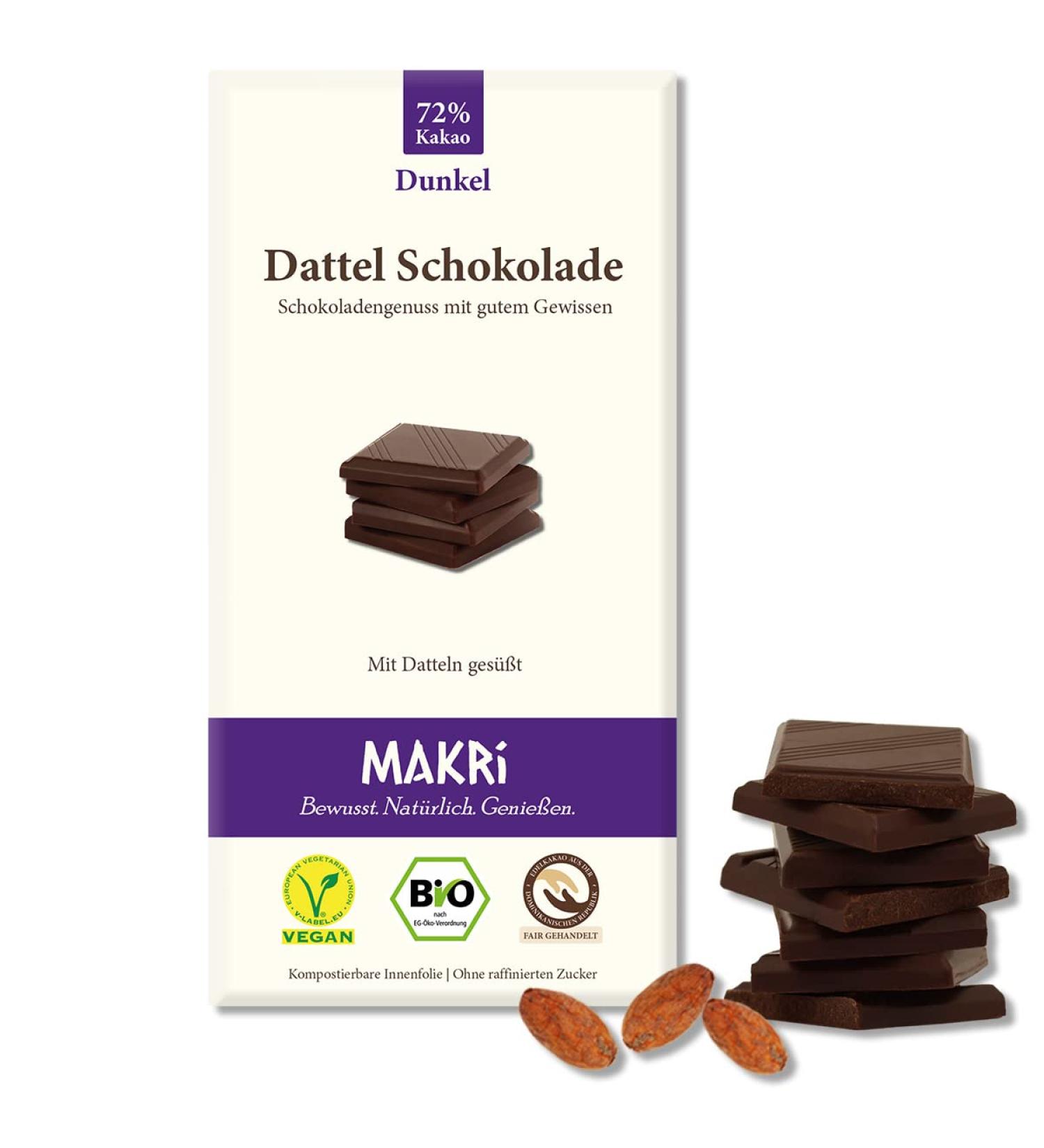 Buy Makri Bio Dattel Chocolate | Vegan No Refined Sugar Fair Trade - Dark 72% (5 Plates) - Buy Online on GoSupps.com