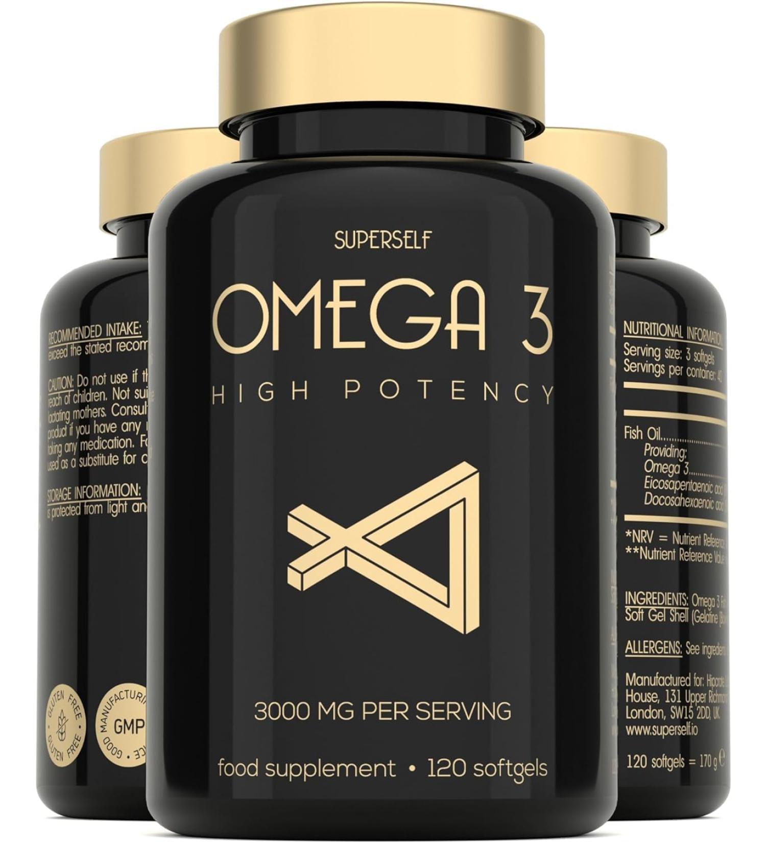 Fish Oil Omega 3 Capsules High Strength - 3000mg Triple Potency - Easy to Swallow with No Fishy Aftertaste - 120 Softgels - UK Made Omega 3 Supplements High in DHA & EPA - Pure & Sustainable Fish Oil - Buy Online on GoSupps.com