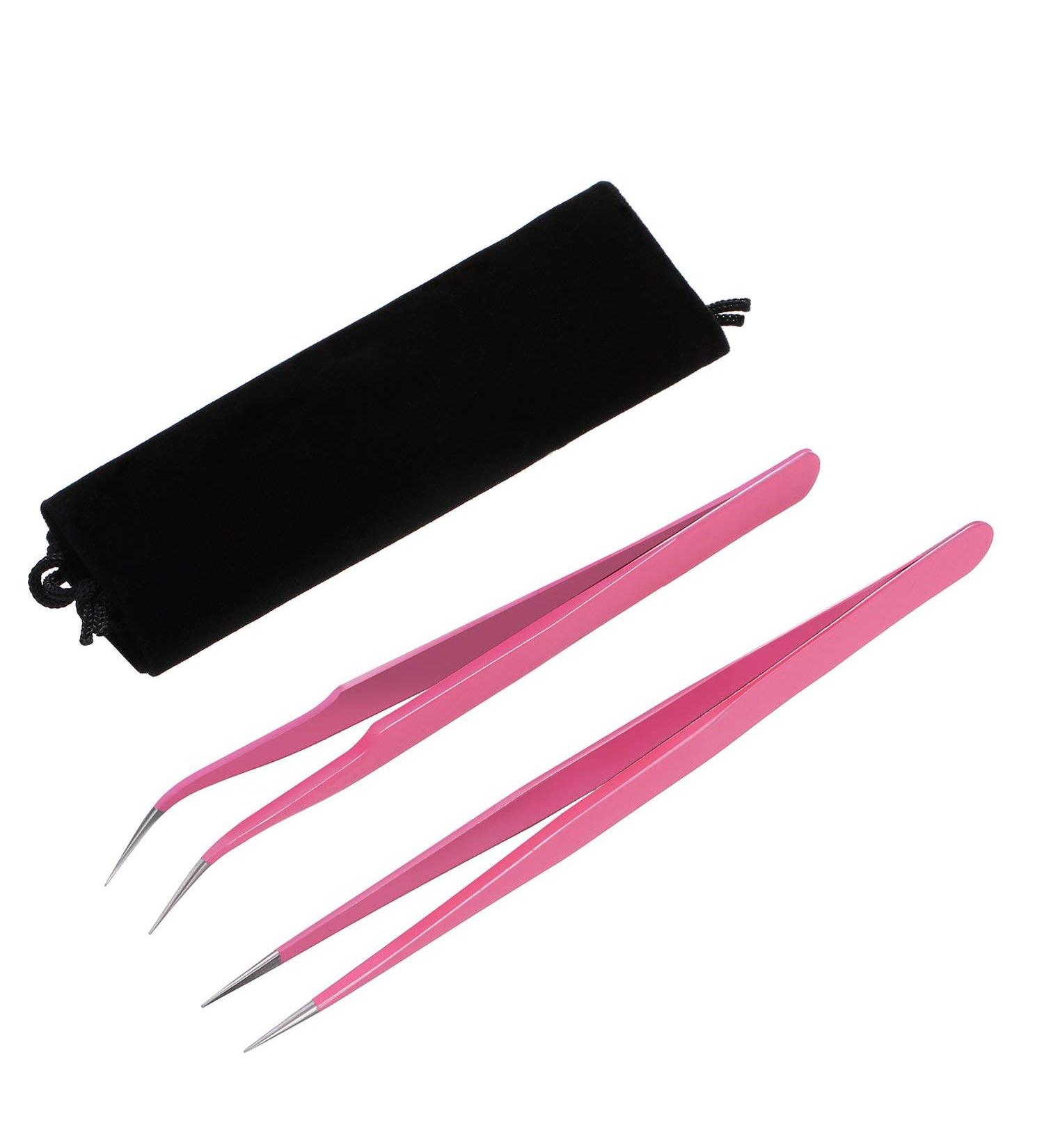 Quesuc 2 Pieces Straight and Curved Tip Tweezers Nipper for Eyelash Extensions Pink Stainless Steel False Lash Application Tools - Buy Online on GoSupps.com
