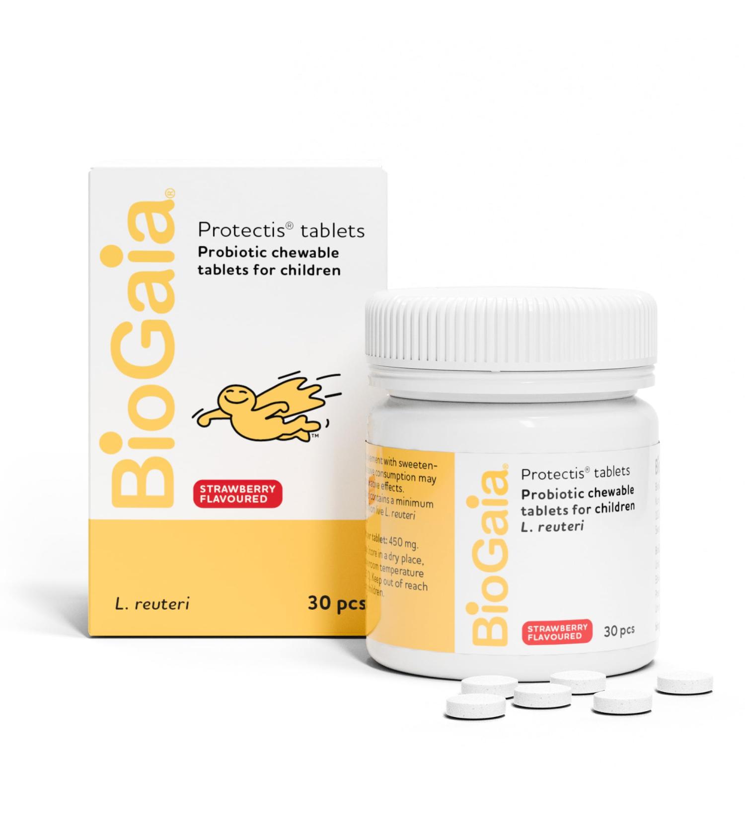 BioGaia Protectis Kids Tablets 30 Chewable Probiotics with 100 Million Live L Reuteri Supports Gut Health and Digestion in Children Strawberry Flavor - Buy Online on GoSupps.com