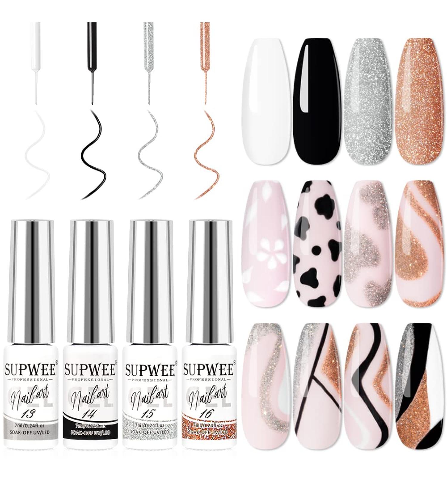 SUPWEE Gel Liner Polish Set - White Black Silver Champagne Reflective Colors for Nail Art Design - 7ML (0.24 fl oz) - SZHXJ127 - Buy Online on GoSupps.com