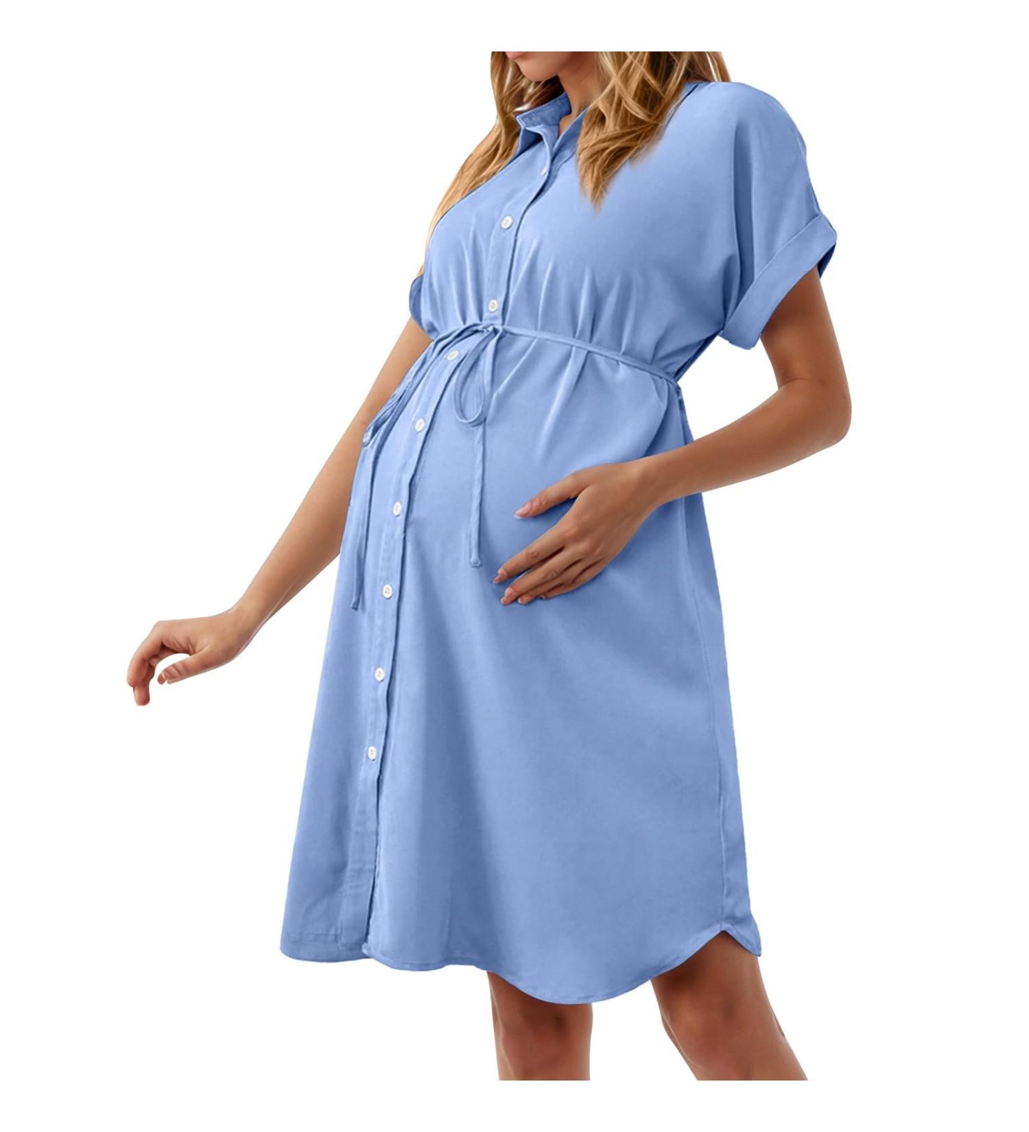 Robe de grossesse manches courtes pour femme - Taille haute - Robe d'allaitement avec volants - Robe festive boutons - Robe d contract e respirante - Robe de maternit l g re S Bleu - Buy Online on GoSupps.com