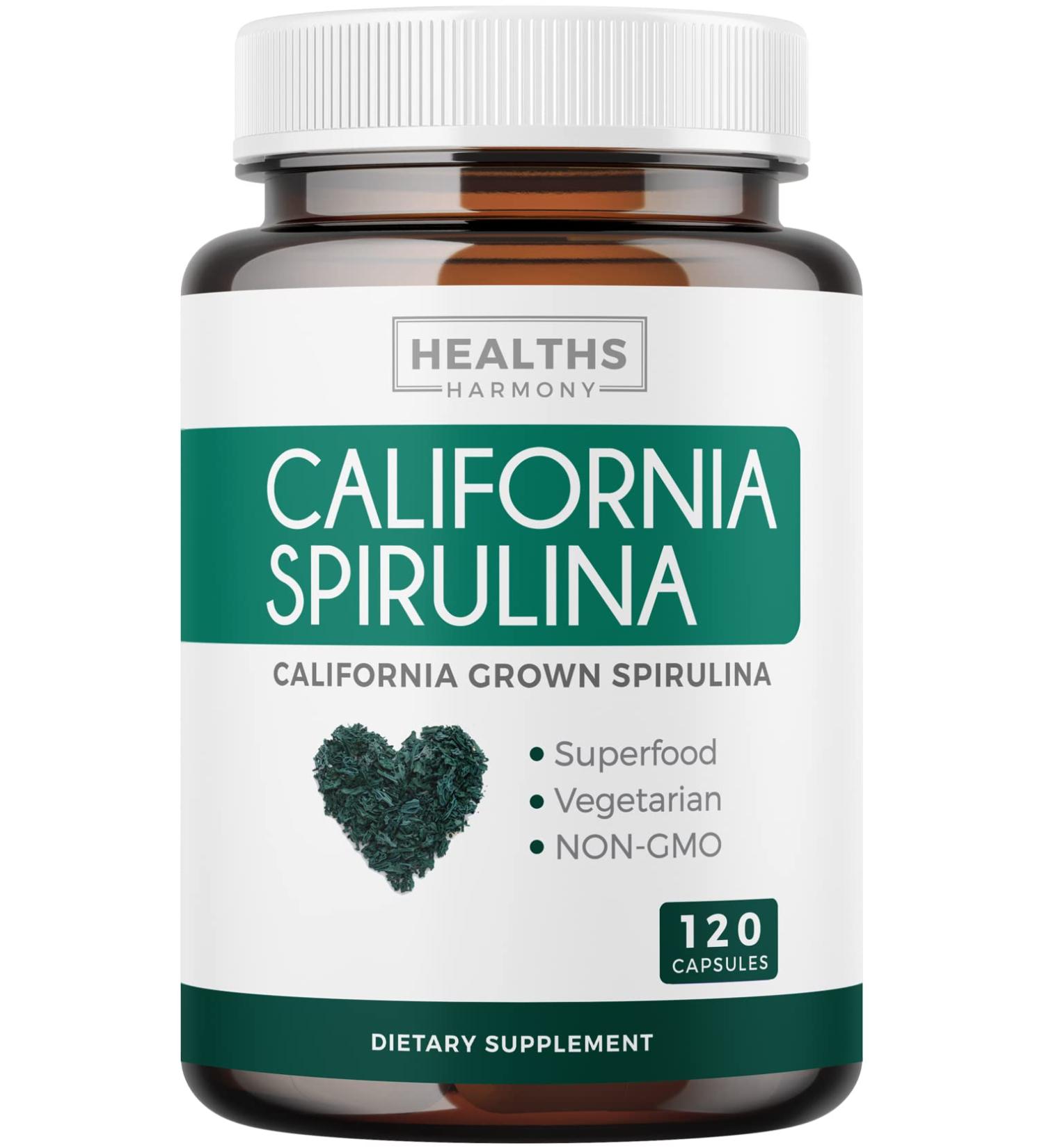California Spirulina Capsules 500mg - 120 Vegetarian Capsules with Non-GMO Blue Green Algae Superfood - Gluten Free & Non-irradiated - Buy Online on GoSupps.com
