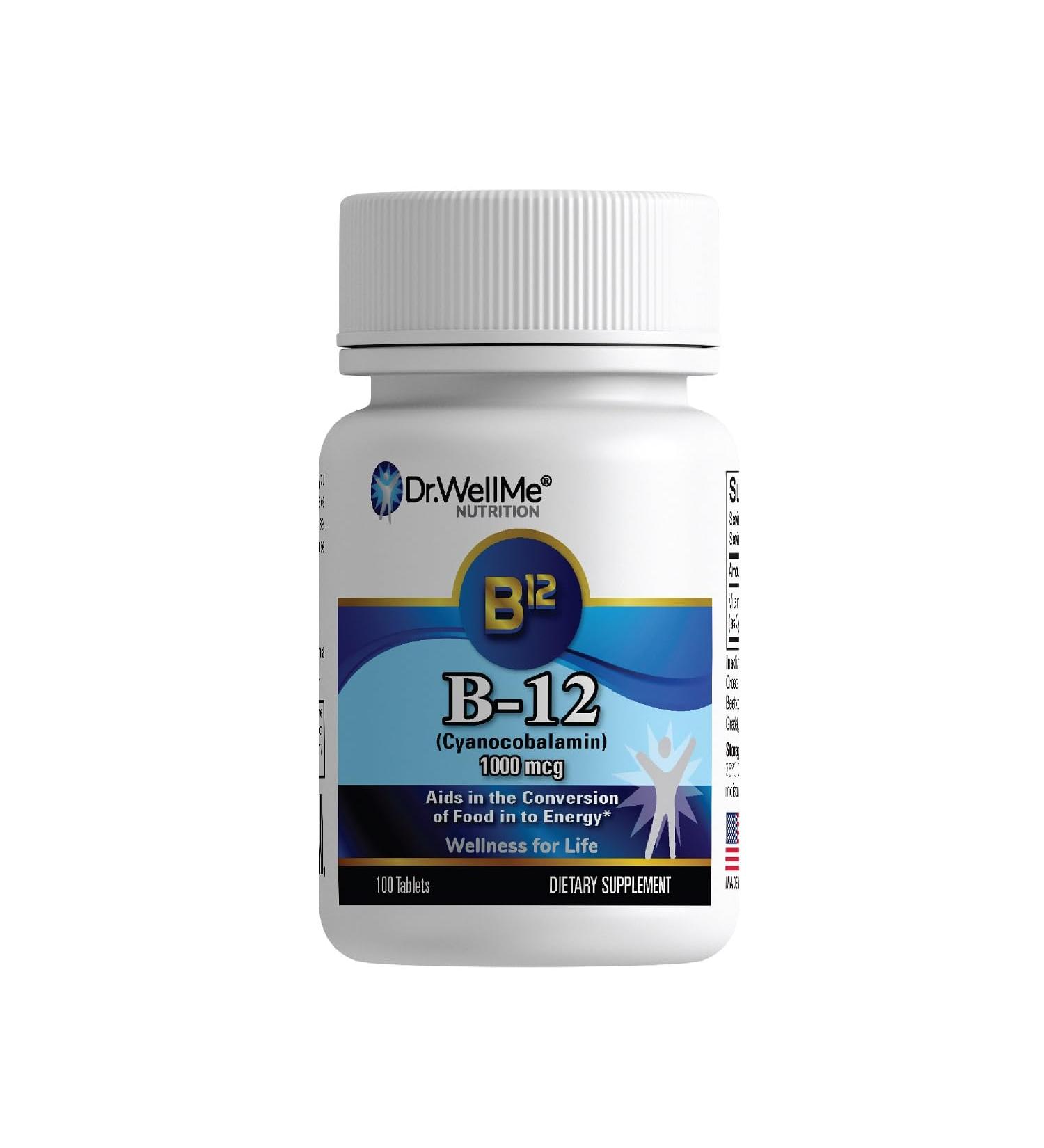 Dr.WellMe B-12 1000 mcg Vitamin Tablets 100 Tablets High-Potency Cyanocobalamin for Maintain Energy Non-GMO Vegan Metabolism Health GMP-Certified - Buy Online on GoSupps.com
