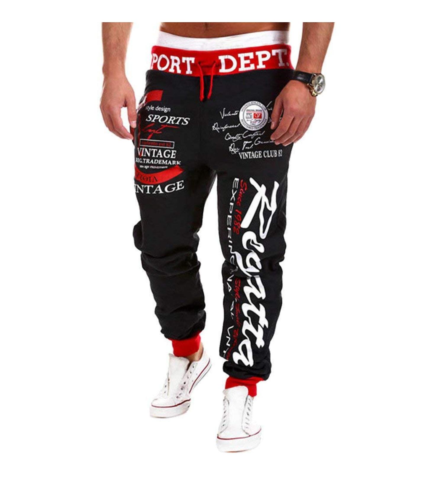 COTTORY Men's Hiphop Dance Jogger Sweatpants Trousers Red Black Large