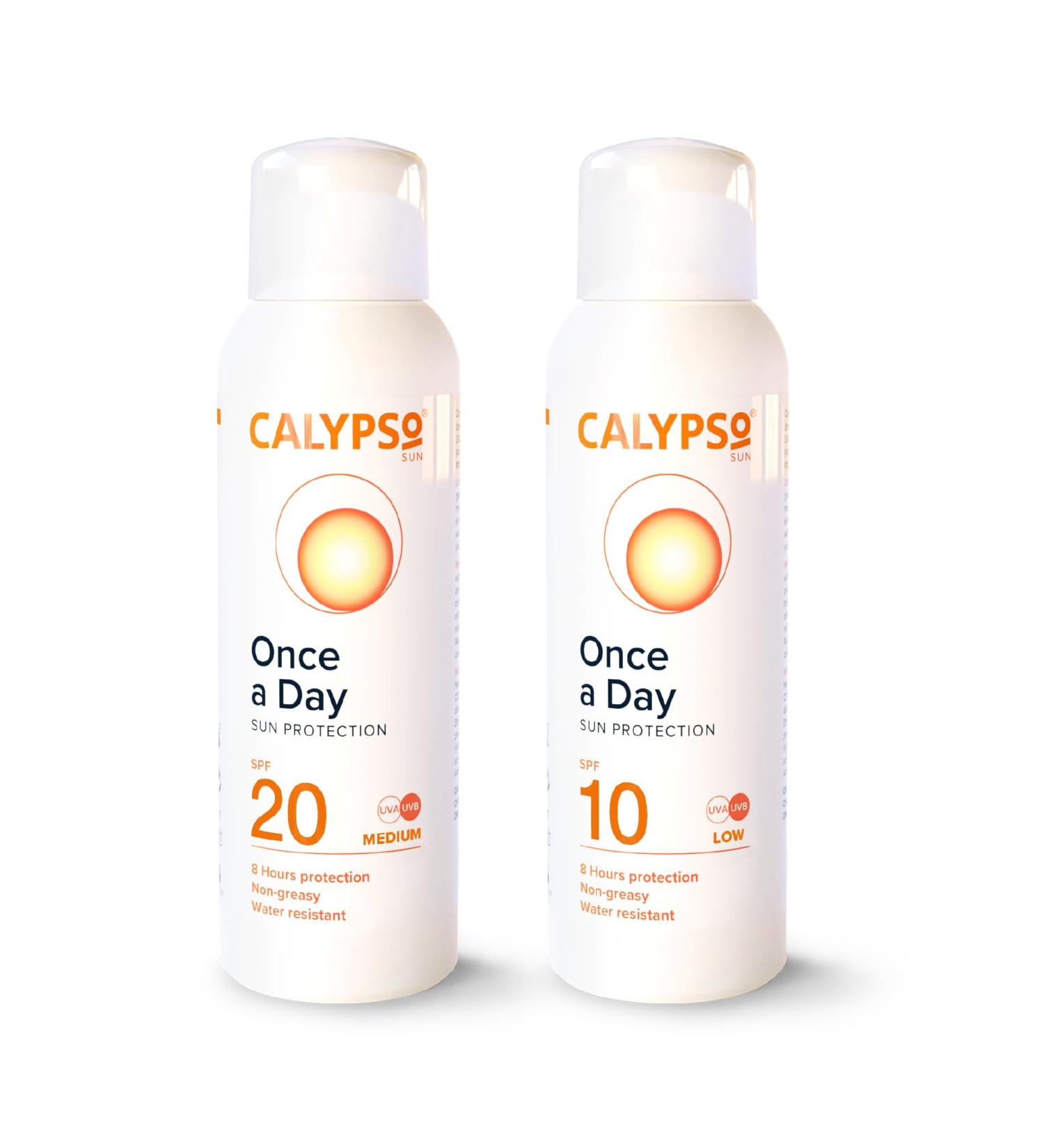 Calypso Once A Day Sun Protection Gel SPF20 and SPF10 - Multipack 2 200ml 8 hours Sunscreen UVA and UVB Protection Water Resistant Non-Greasy - Buy Online on GoSupps.com