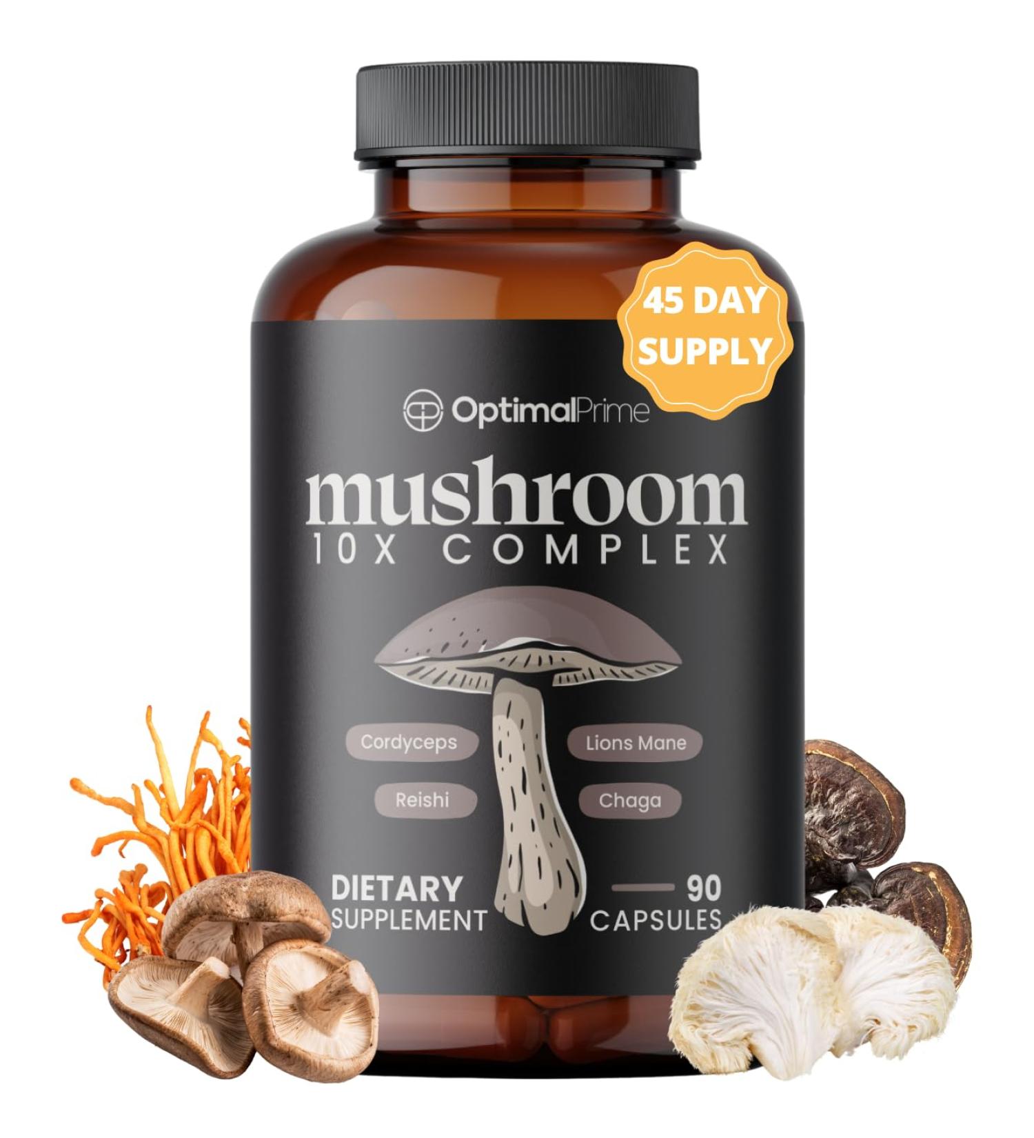Optimal Prime 10x Mushroom Complex Supplement - Lions Mane Cordyceps Turkey Tail for Immunity Energy Mood Focus - Natural Health Booster 90 Caps - Buy Online on GoSupps.com