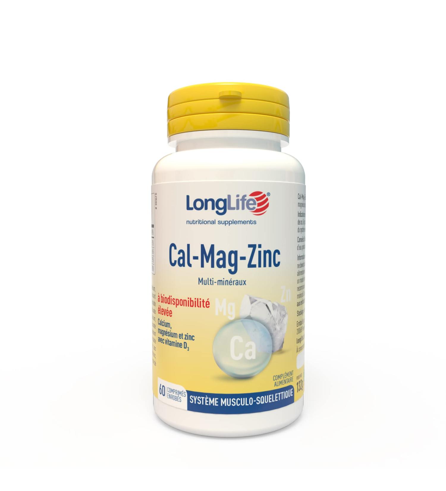 LongLife Cal-Mag-Zinc | Calcium Magnesium & Zinc with Vitamin D | High Bioavailability | Helps Nervous System & Bone Health | 60 Tablets | Vegetarian & Gluten Free - Buy Online on GoSupps.com